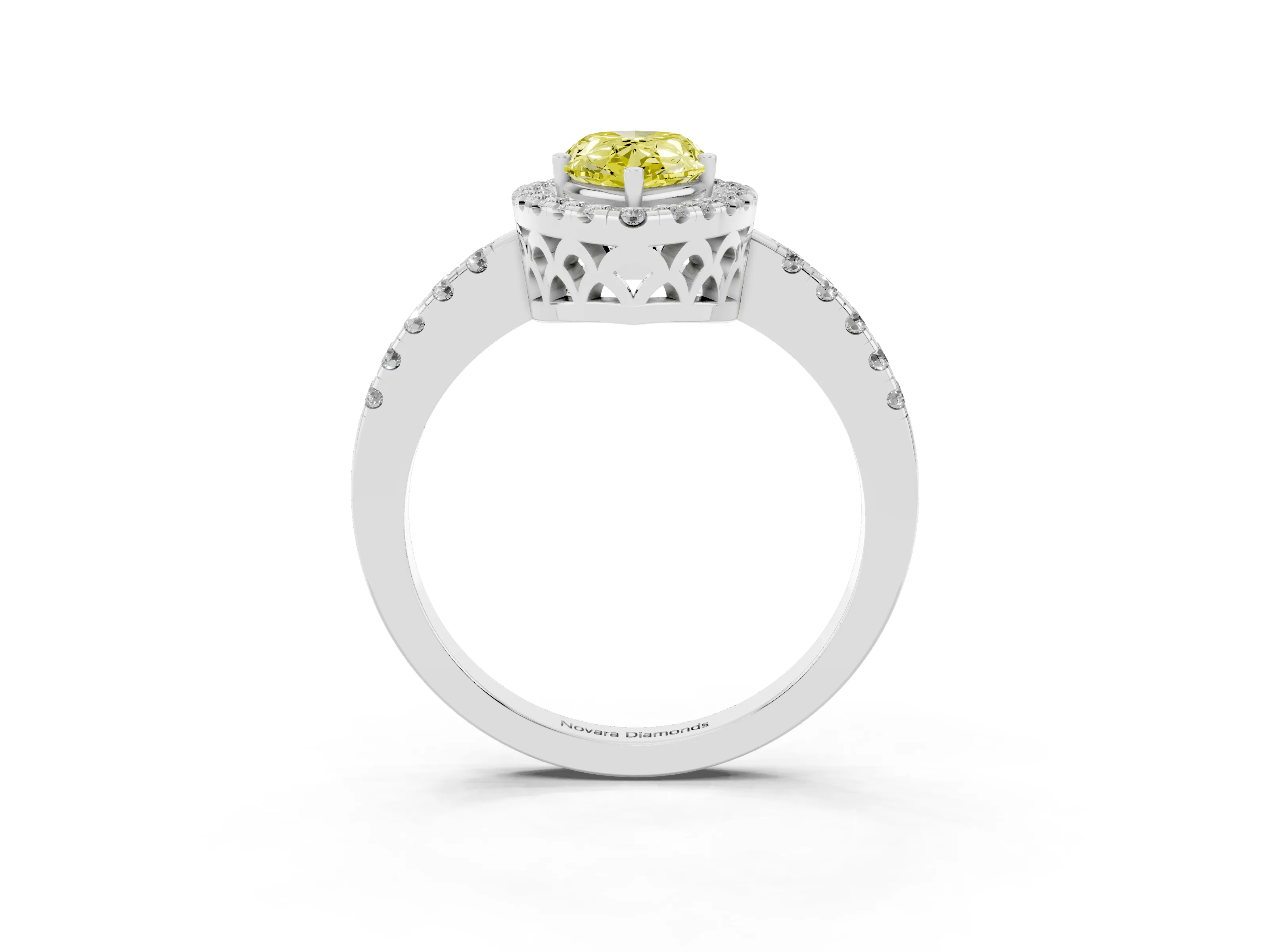 Fancy Yellow Pear Cut Diamond Pavé Band Halo Engagement Ring Set in White gold with Prong Setting