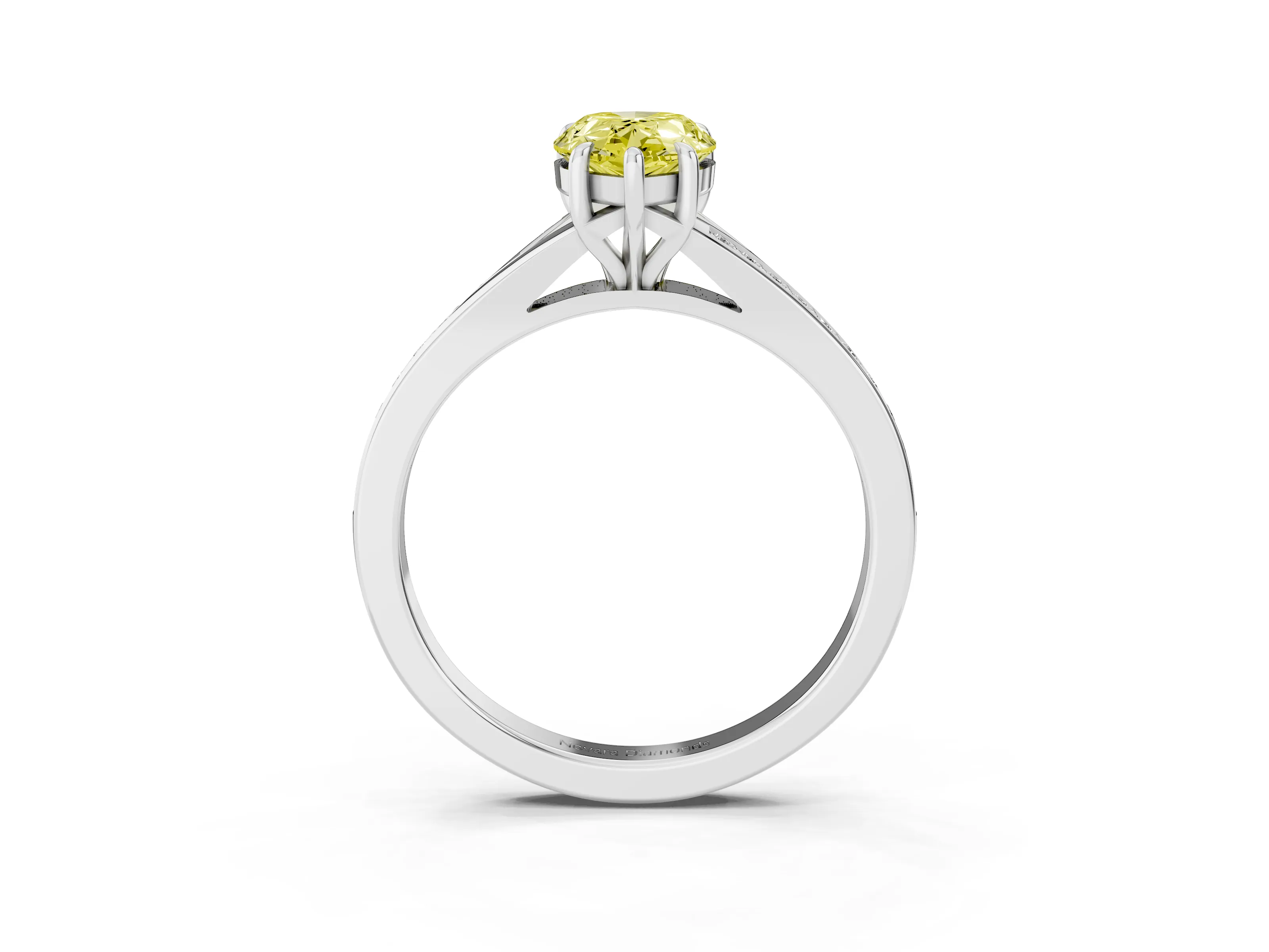 Fancy Yellow Pear Cut Diamond Solitaire Ring Set in White gold with Pavé Accent Band and Classic Prong Setting