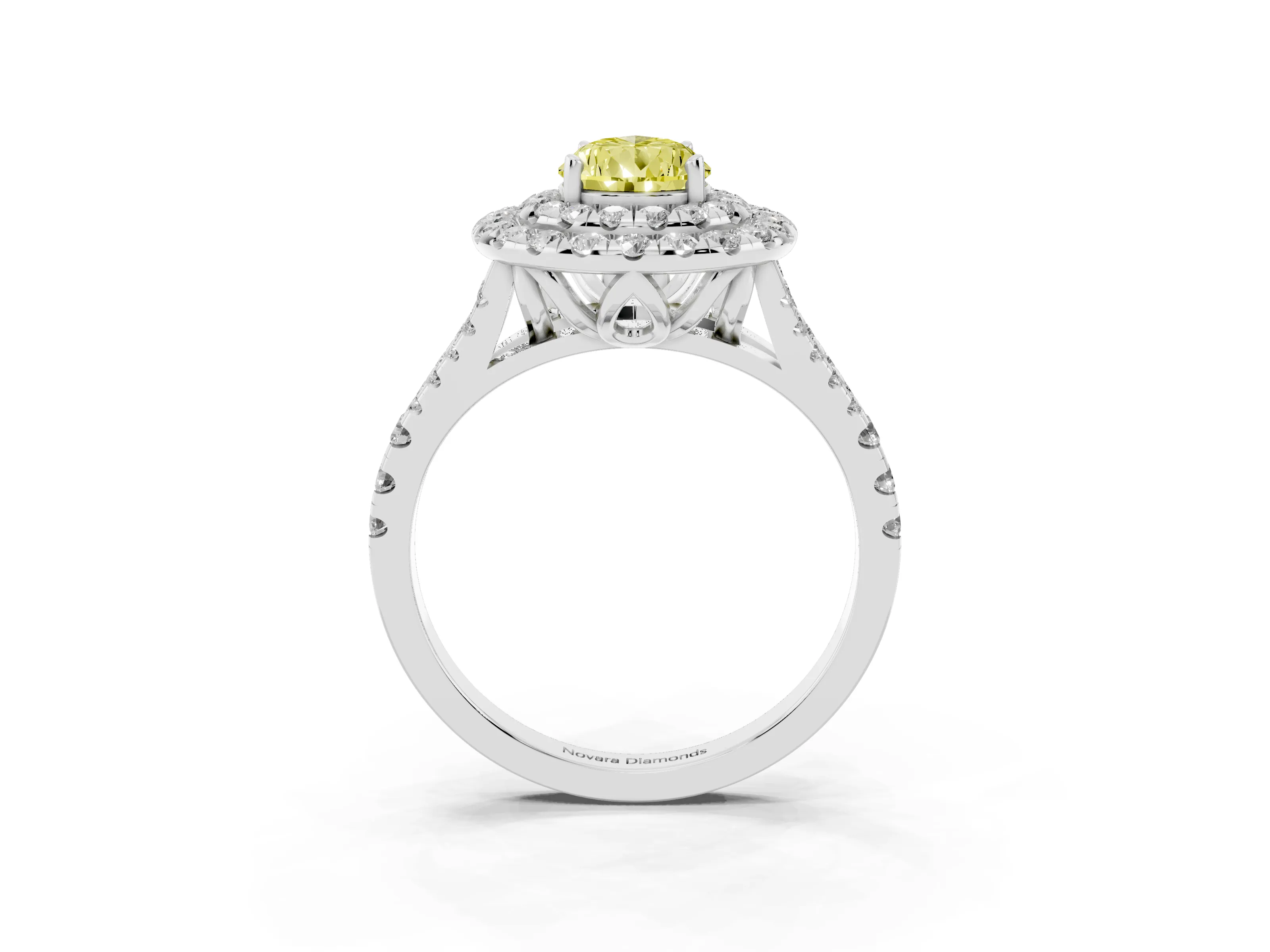 Fancy Yellow Pear Cut Diamond Double Halo Ring Set in White gold with Pavé Split Shank and Prong Setting