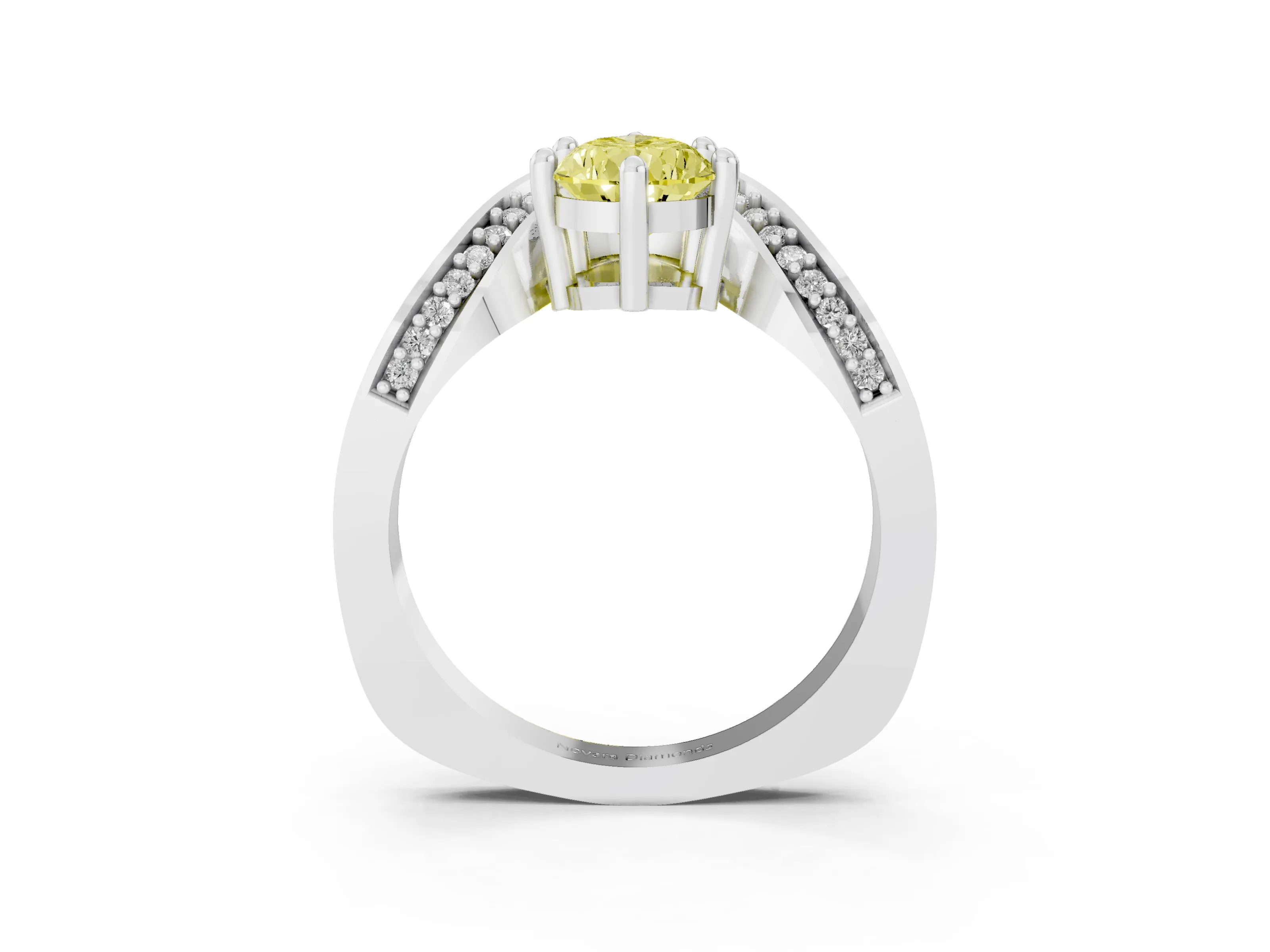 Fancy Yellow Pear Cut Diamond Solitaire Engagement Ring Set in White gold with Pavé Shoulders
