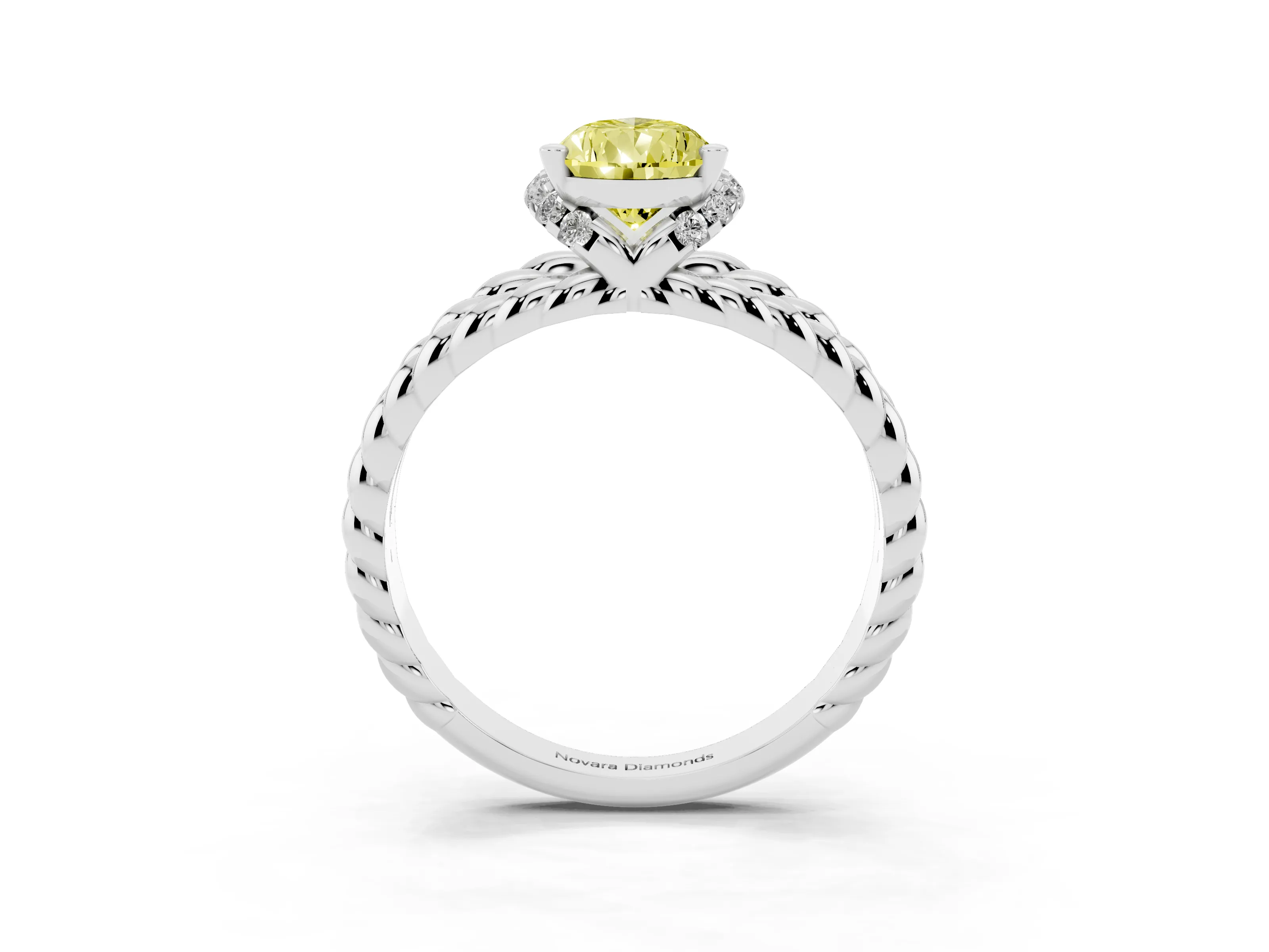 Fancy Yellow Pear Cut Diamond Halo Ring Set in White gold with Twisted Band and Prong Setting
