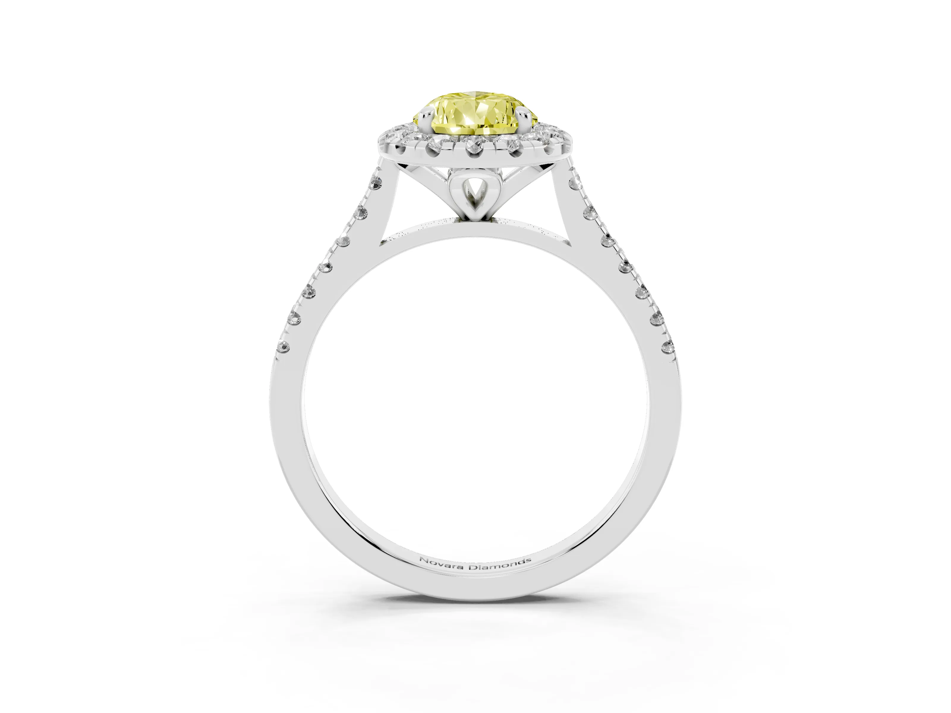 Fancy Yellow Pear Cut Diamond Cushion Halo Ring Set in White gold with Pavé Band