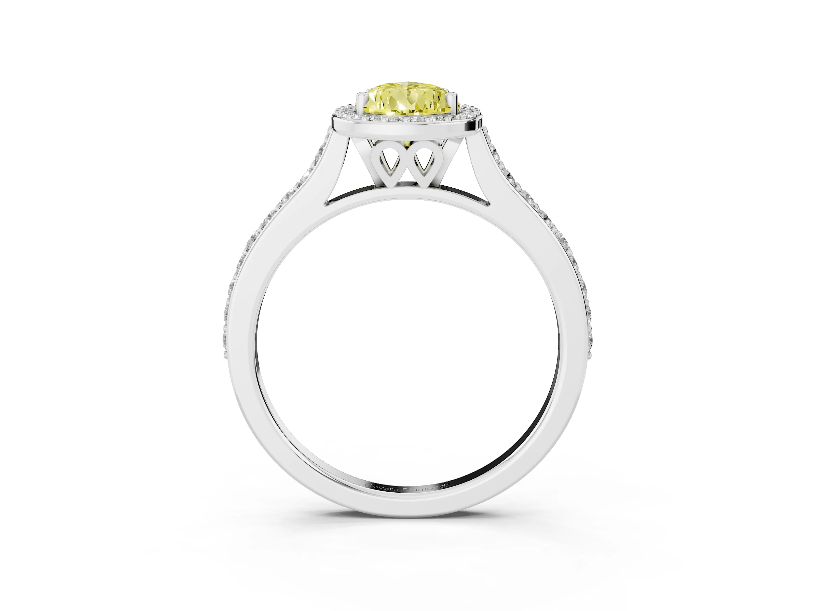 Fancy Yellow Pear Cut Diamond Halo Engagement Ring Set in White gold with Round Pavé Shoulders and Heart Gallery