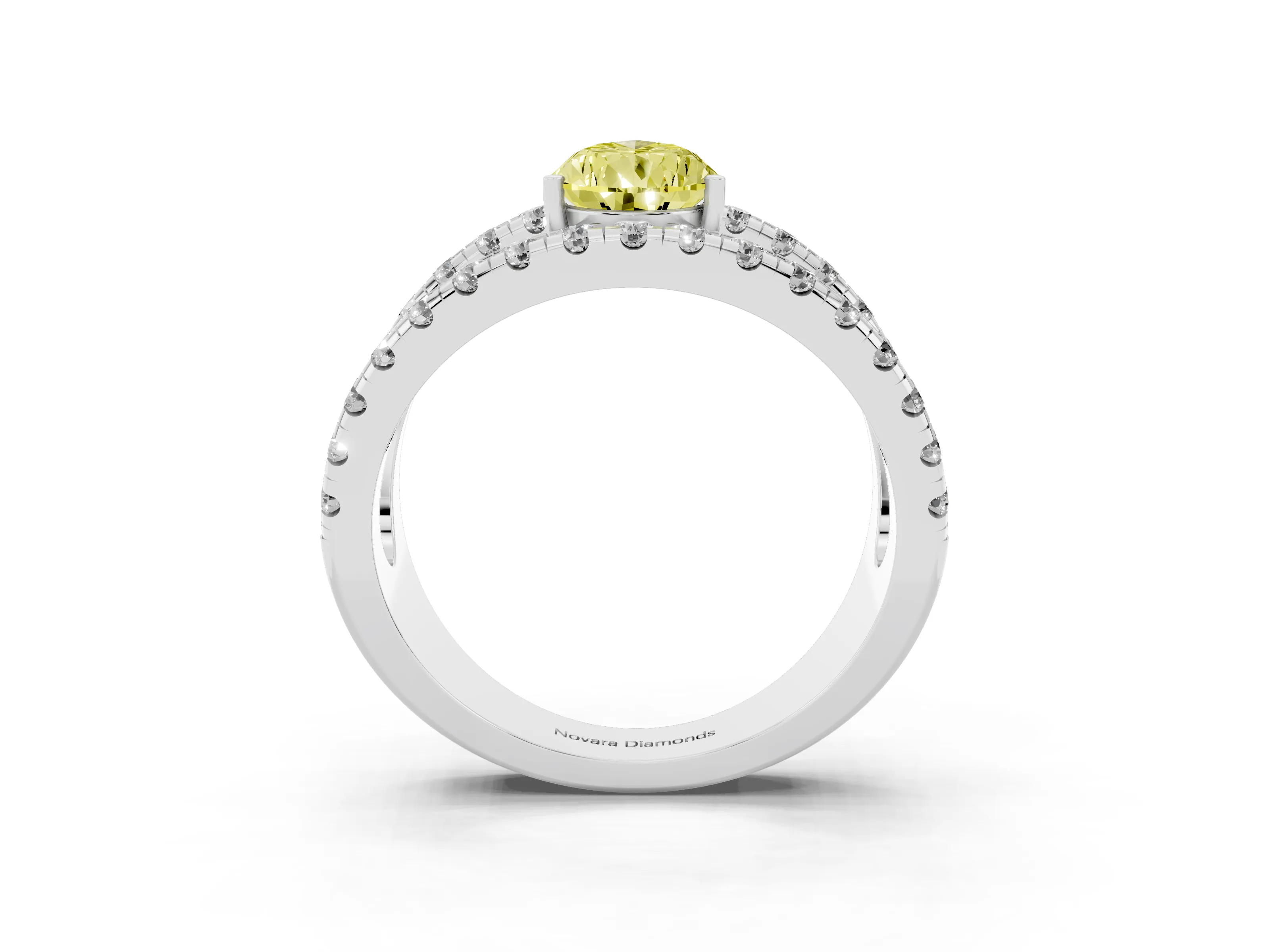 Fancy Yellow Pear Cut Diamond Split Shank Pavé Solitaire Ring Set in Silver with Open Shank Design