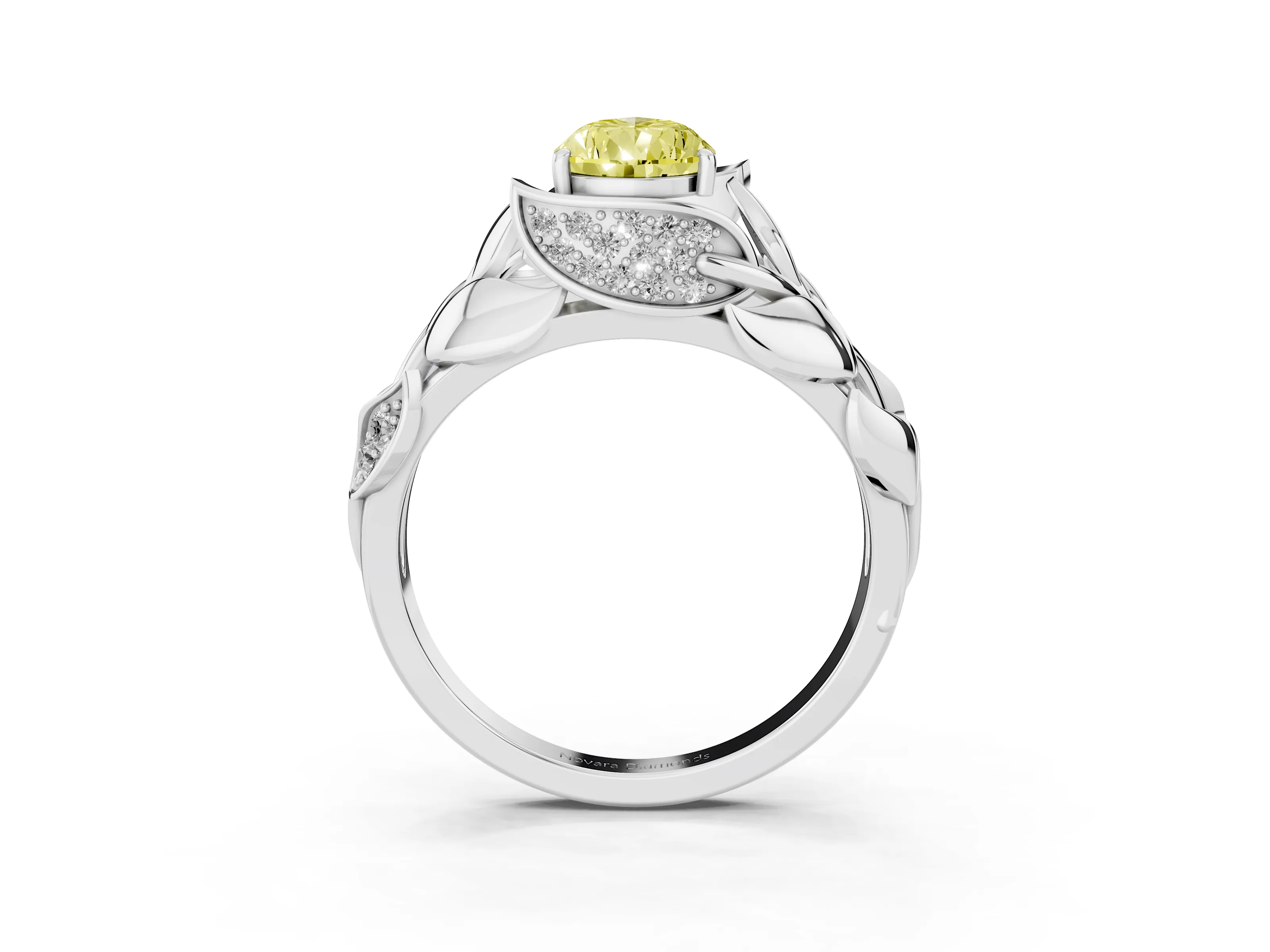 Fancy Yellow Pear Cut Diamond Leaf-Inspired Engagement Ring Set in Platinum with Round Accents