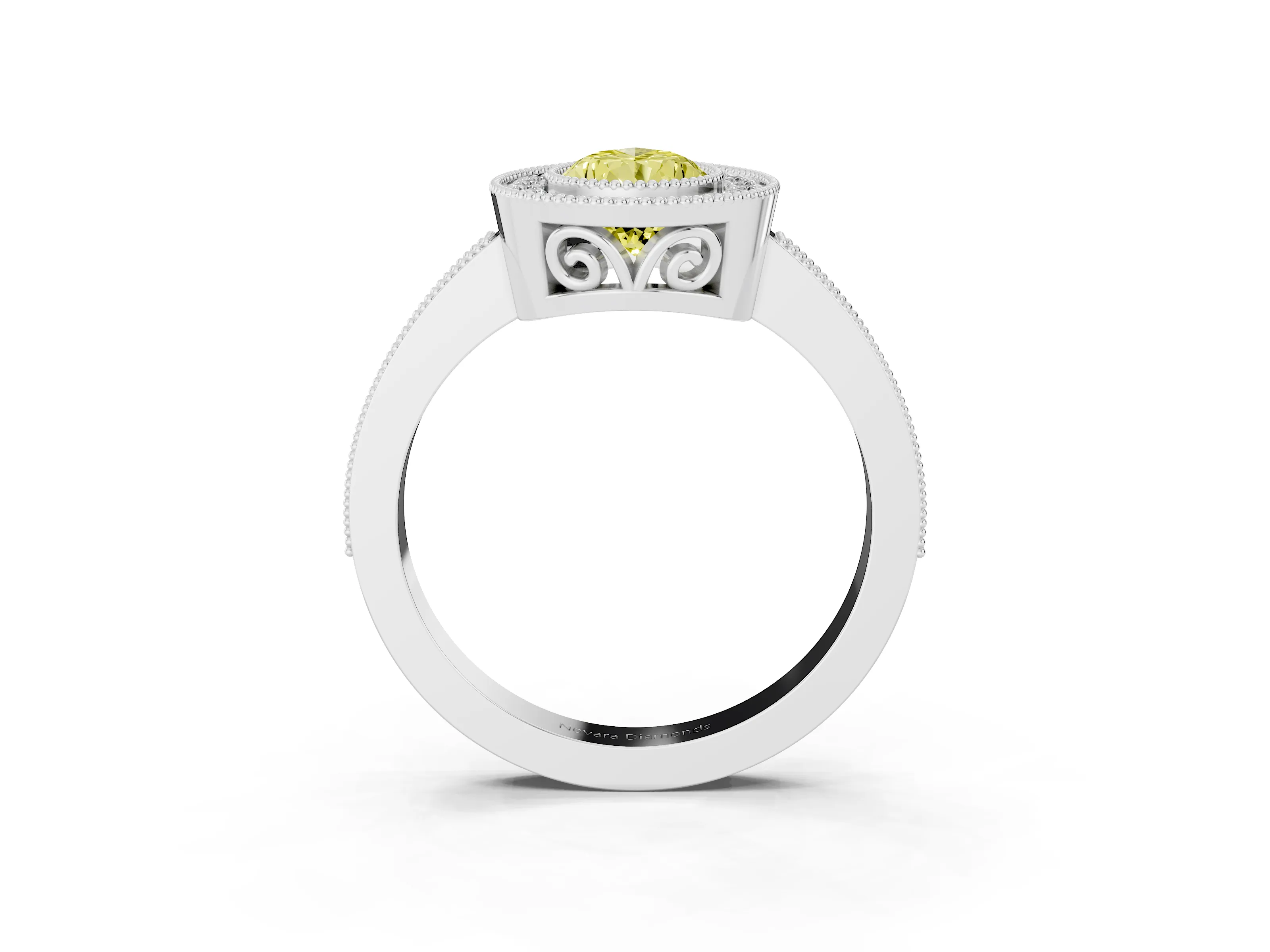 Fancy Yellow Pear Cut Diamond Halo Ring Set in Platinum with Pavé Band and Milgrain-Edged Prongs