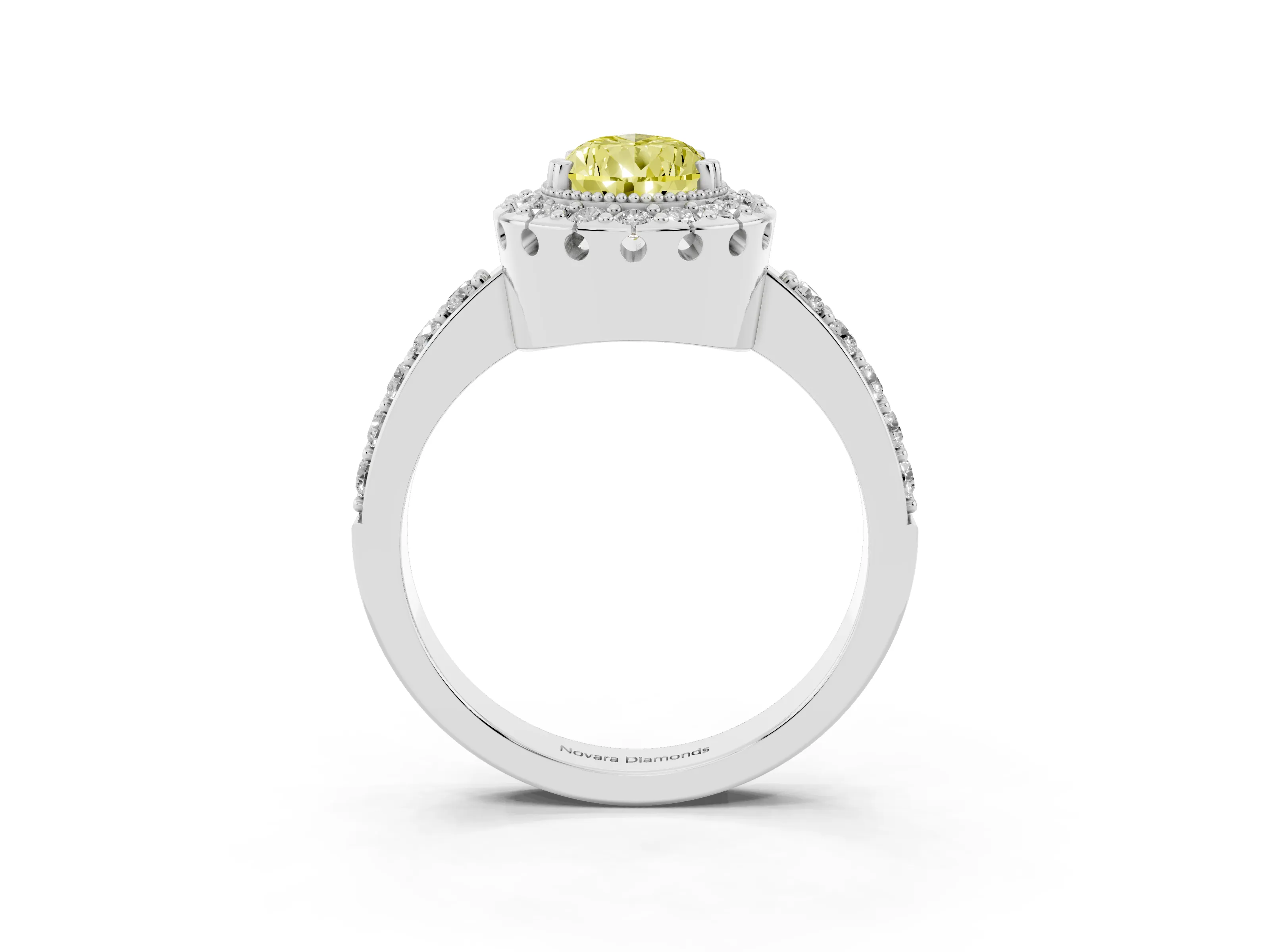 Fancy Yellow Pear Cut Diamond Halo Ring Set in White gold with Pavé Shank and Prong Setting