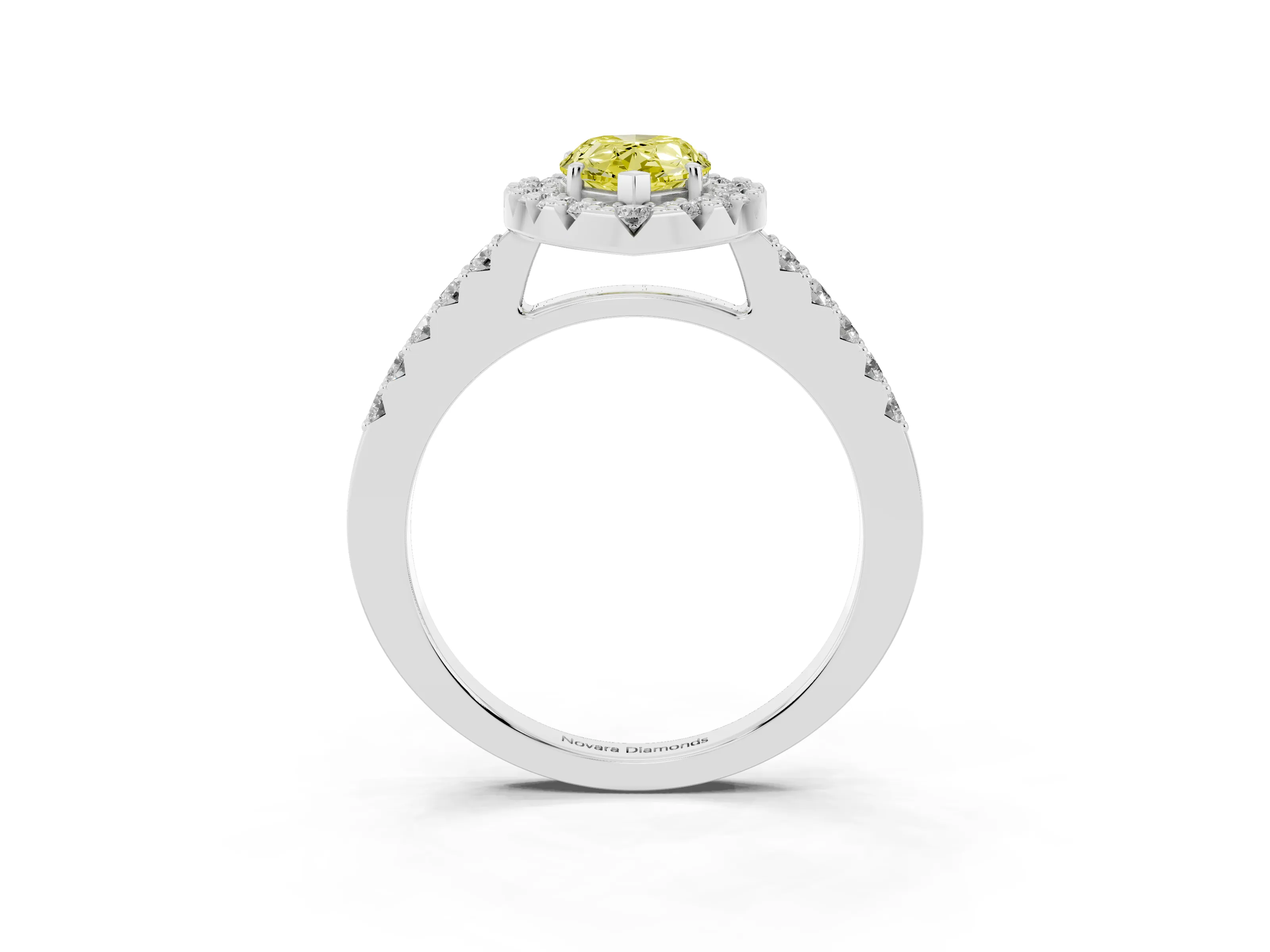Fancy Yellow Pear Cut Diamond Halo Pavé Solitaire Ring Set in Platinum with Prong-Set Center Stone