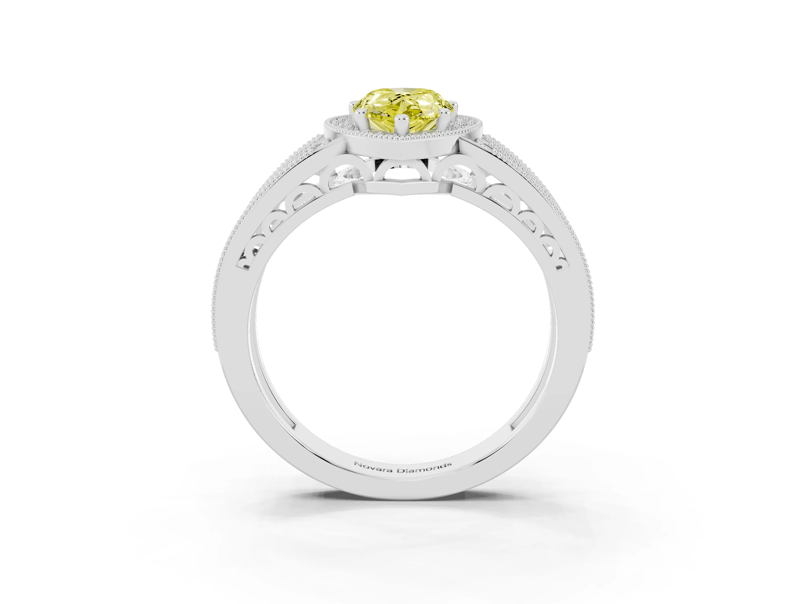 Fancy Yellow Pear Cut Diamond Halo Ring Set in Platinum with Accent Split Shank and Prong Setting