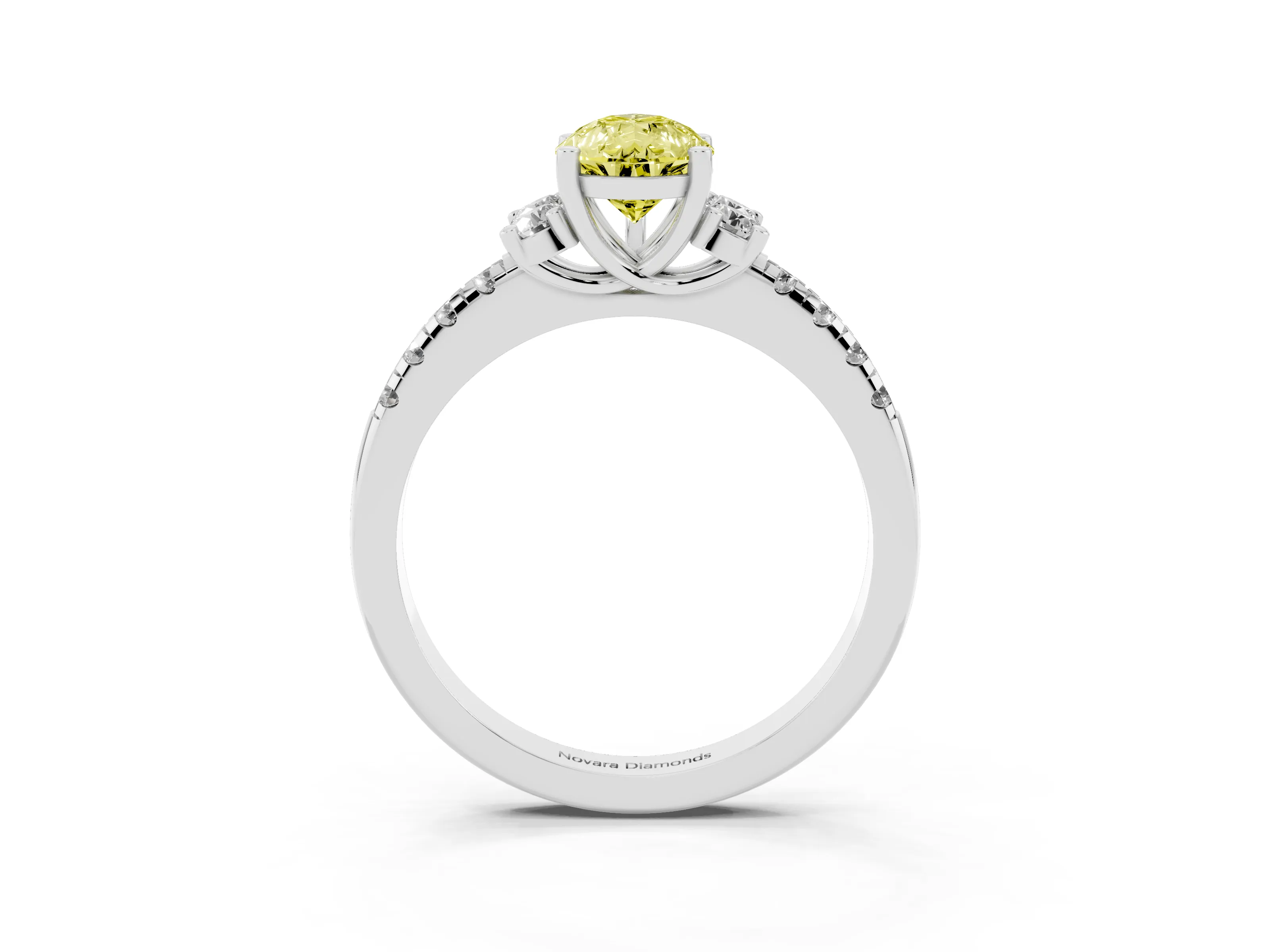 Fancy Yellow Pear Cut Diamond Three-Stone Pavé Ring Set in White gold with Prong Setting