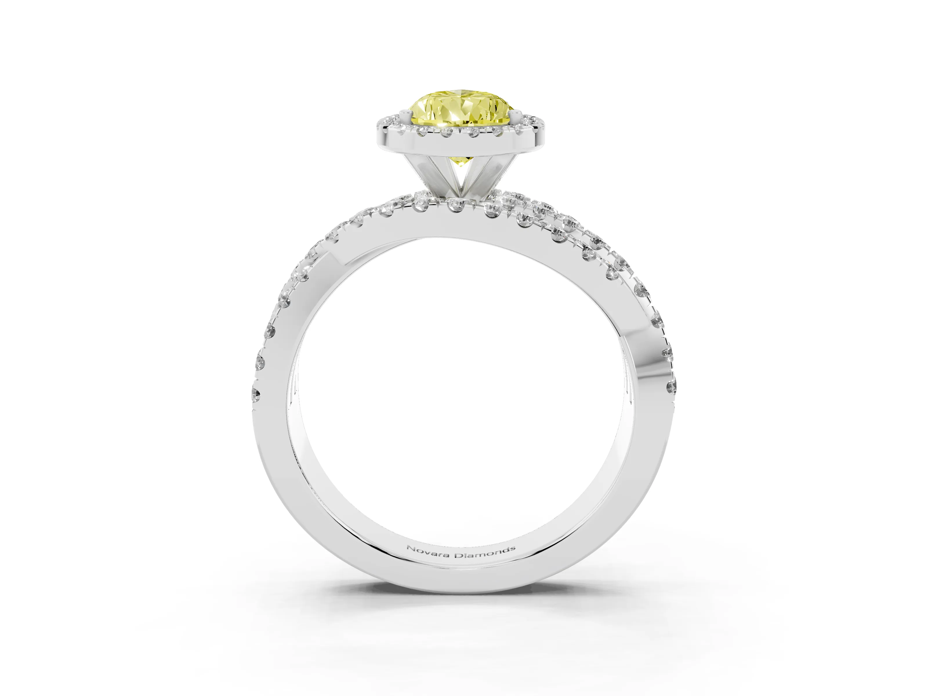 Fancy Yellow Pear Cut Diamond Halo Ring Set in Silver with Round Crossover Split Shank and Prong Setting