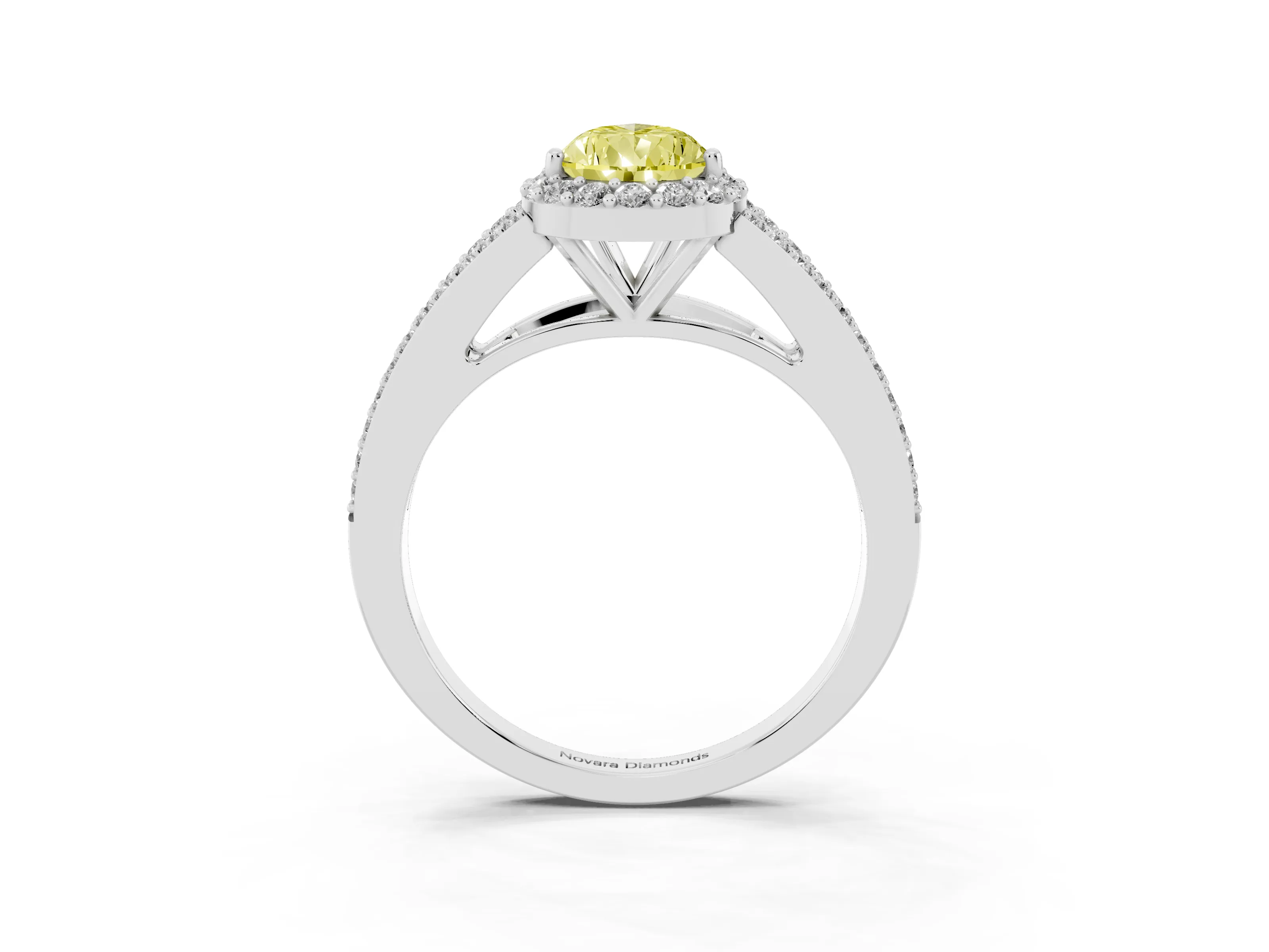 Fancy Yellow Pear Cut Diamond Halo Split Shank Pavé Ring Set in Silver with Prong Setting
