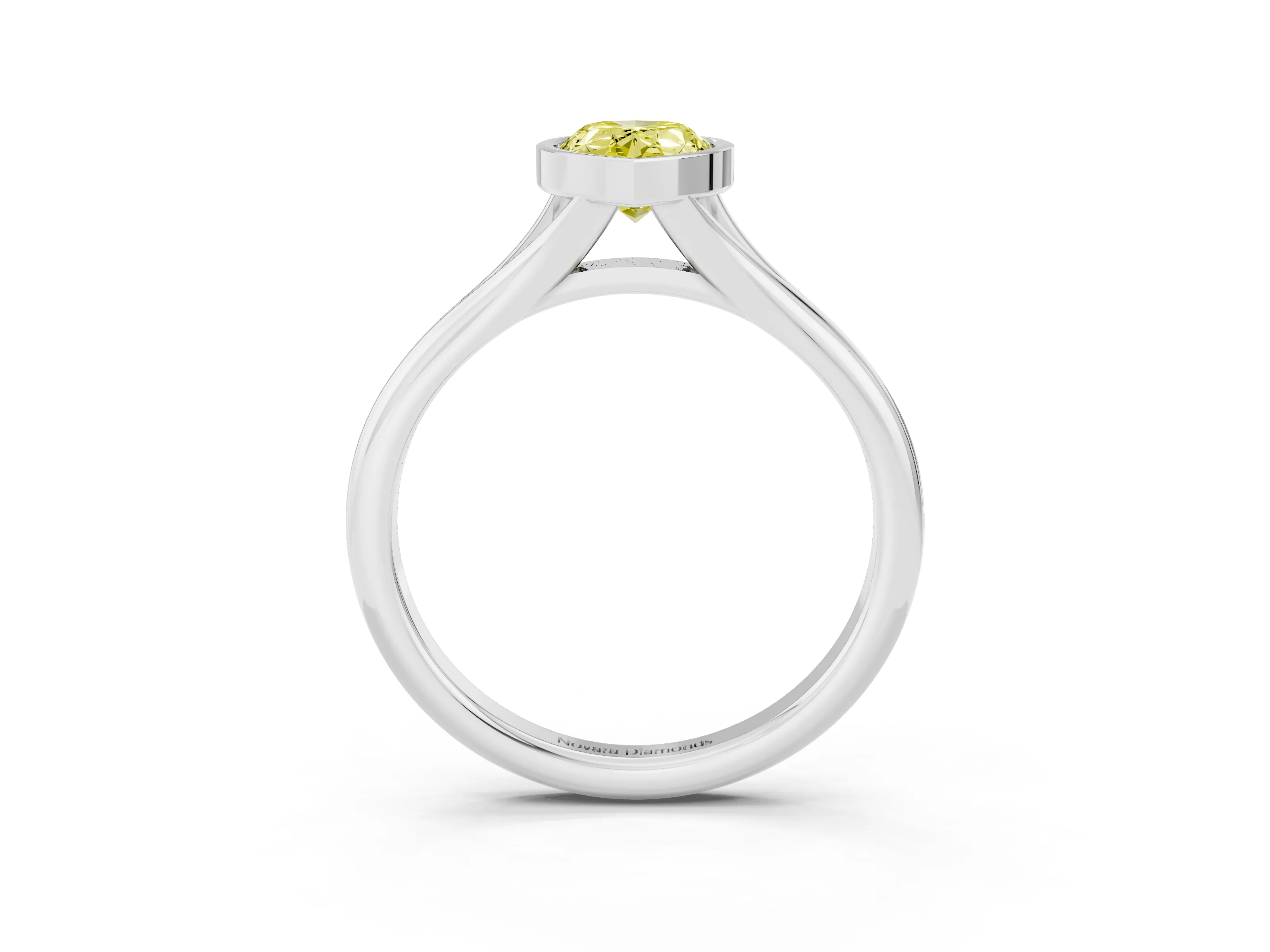Fancy Yellow Bezel Set Pear Cut Diamond Solitaire Ring Set in Platinum with Smooth Band