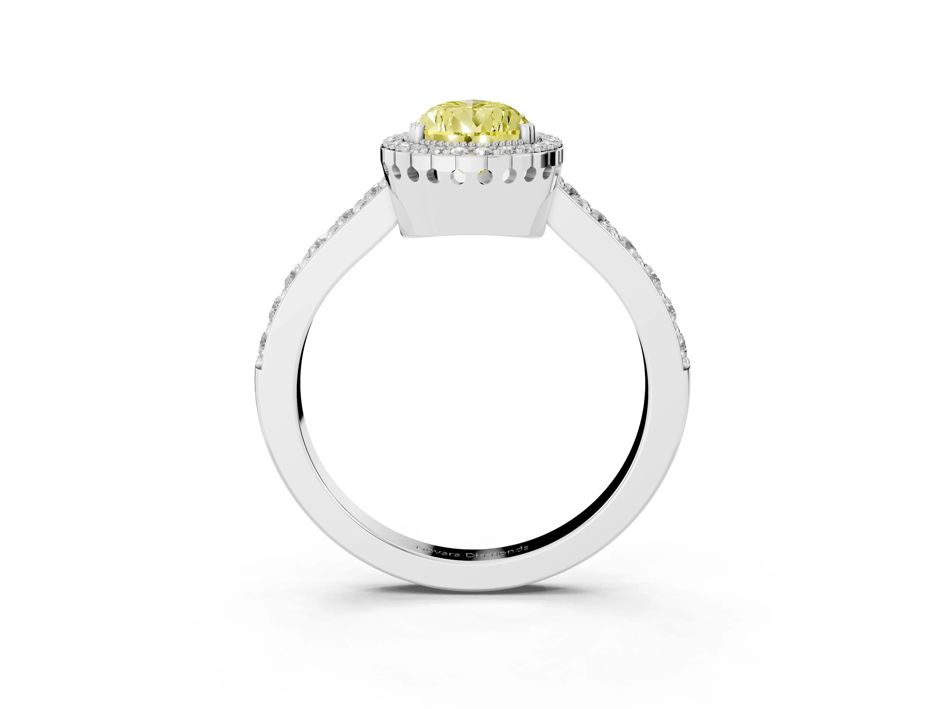 Fancy Yellow Pear Cut Diamond Halo Engagement Ring Set in Platinum with Milgrain Detail and Pavé Band