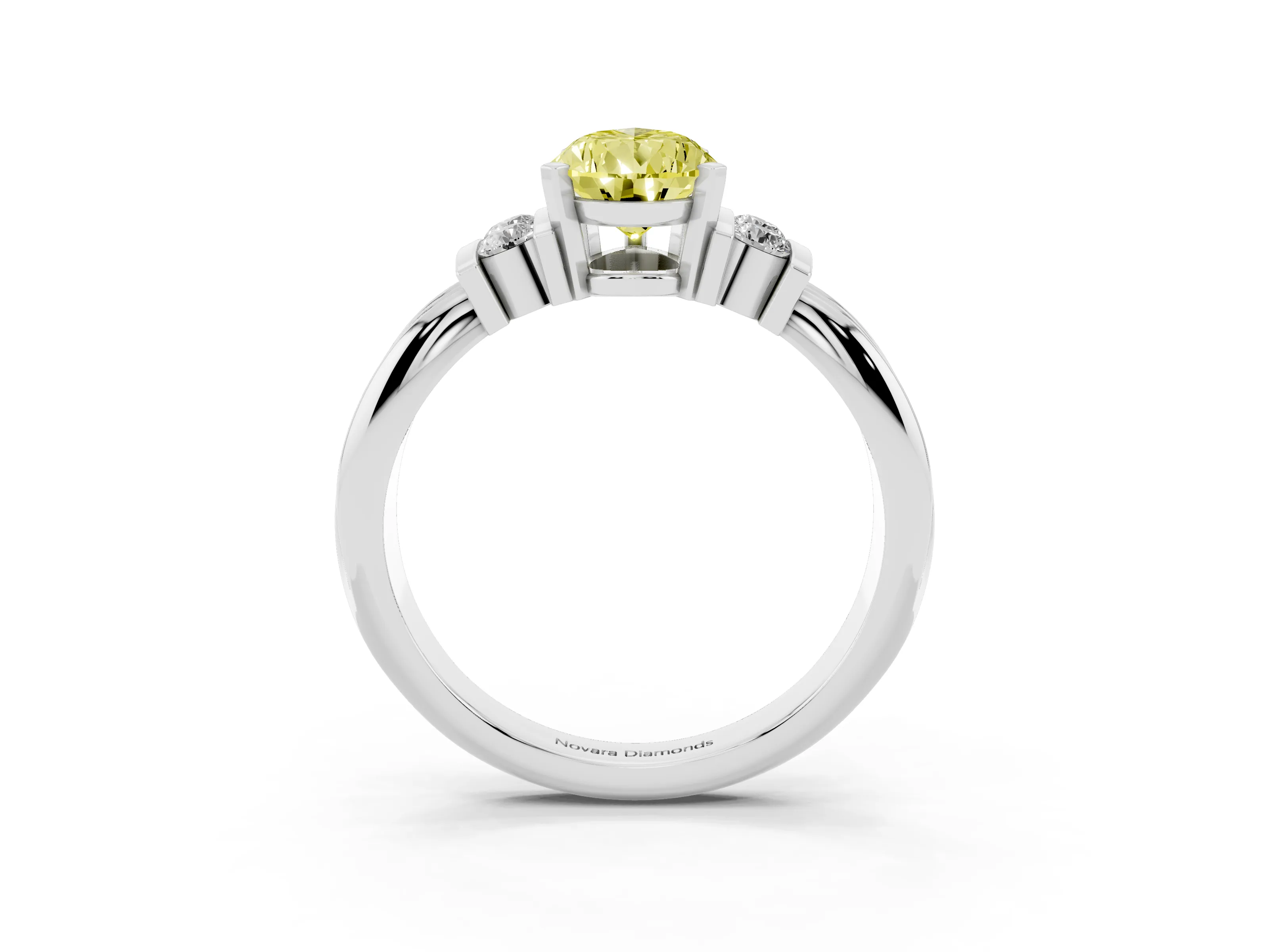 Fancy Yellow Three-Stone Pear Cut Diamond Channel Set Ring Set in White gold with Bar Prongs
