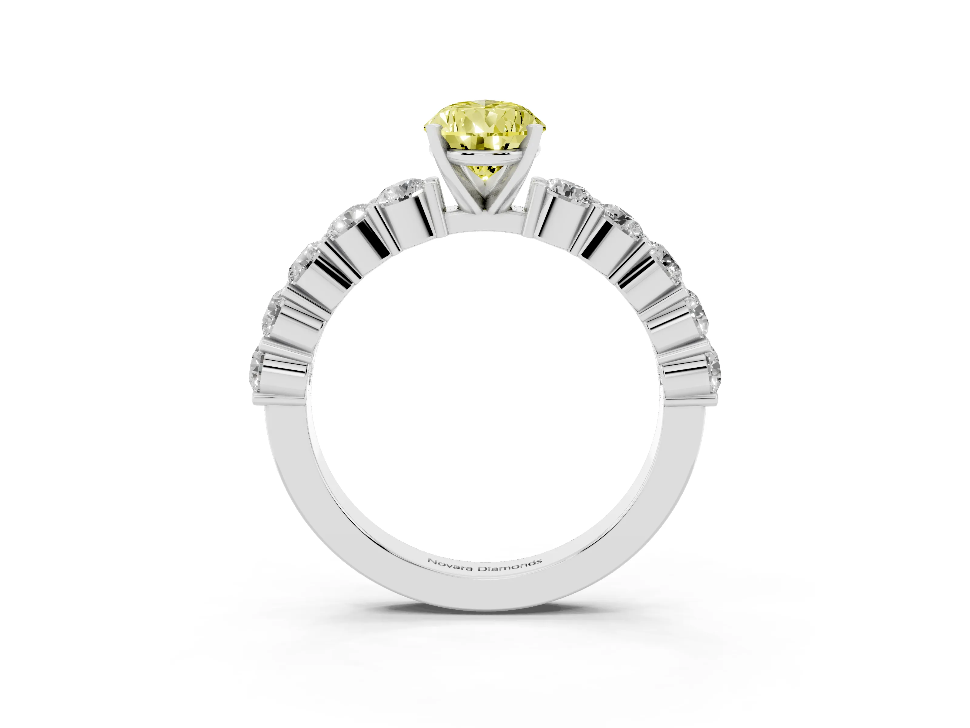 Fancy Yellow Pear Cut Diamond Solitaire Ring Set in Silver with Shared Prong Round Side Stones