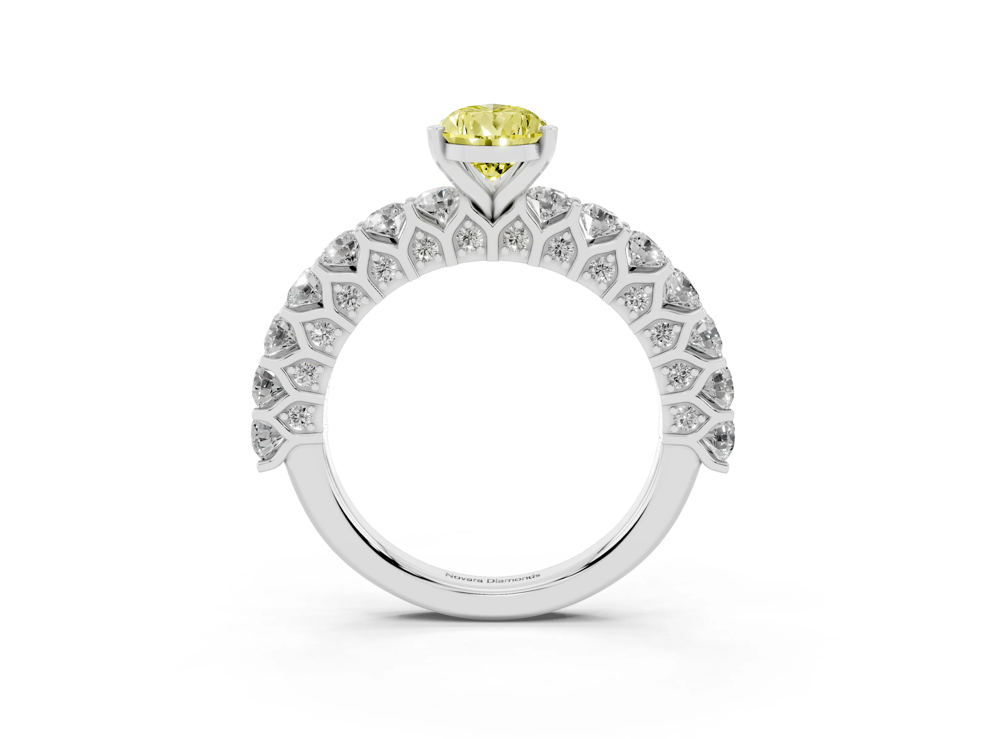 Fancy Yellow Pear Cut Diamond Solitaire Ring Set in Silver with Shared Prong Pavé Band