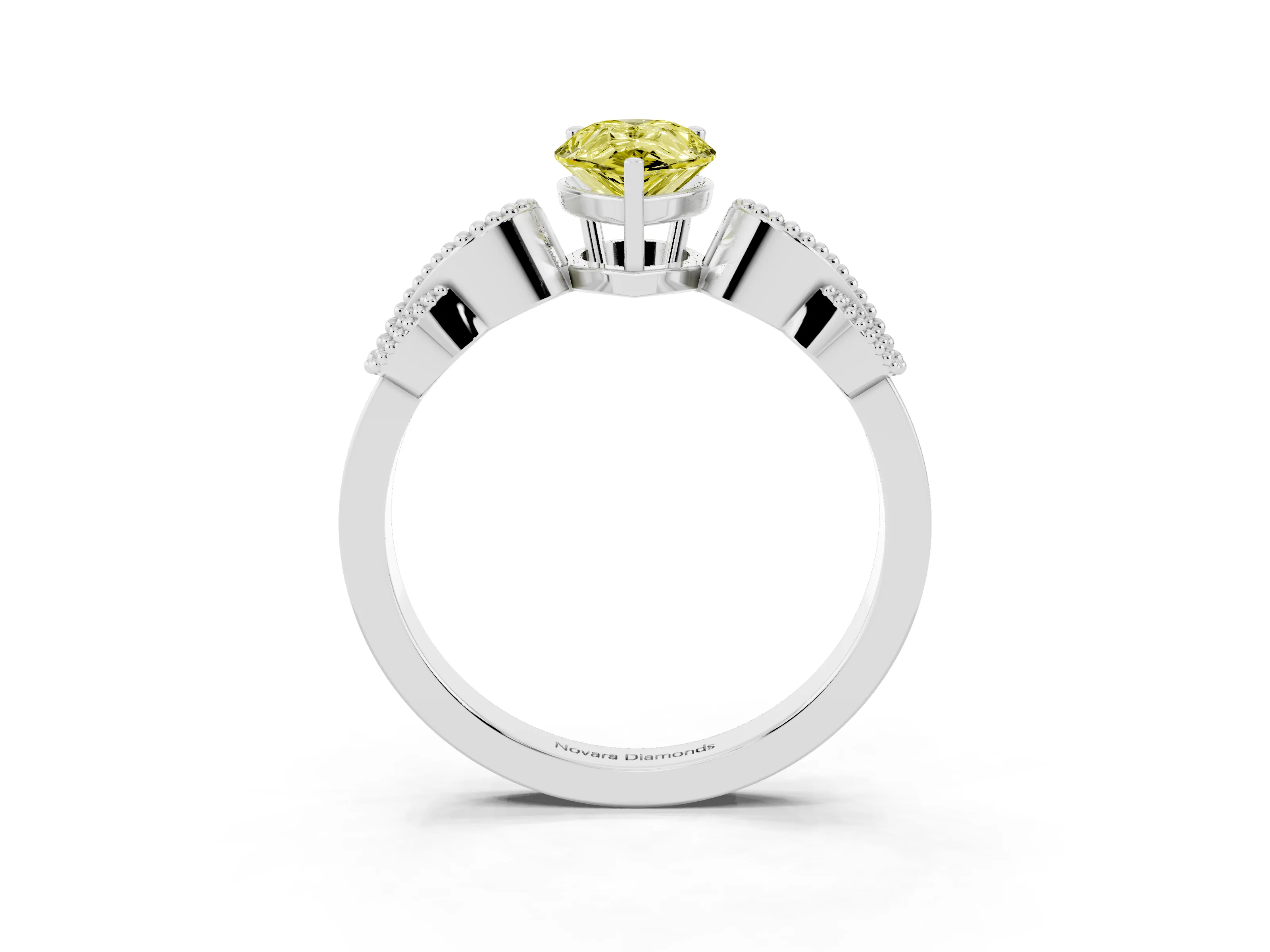 Fancy Yellow Pear Cut Diamond Milgrain Leaf Band Solitaire Ring Set in White gold with Accent Stones and Prong Setting