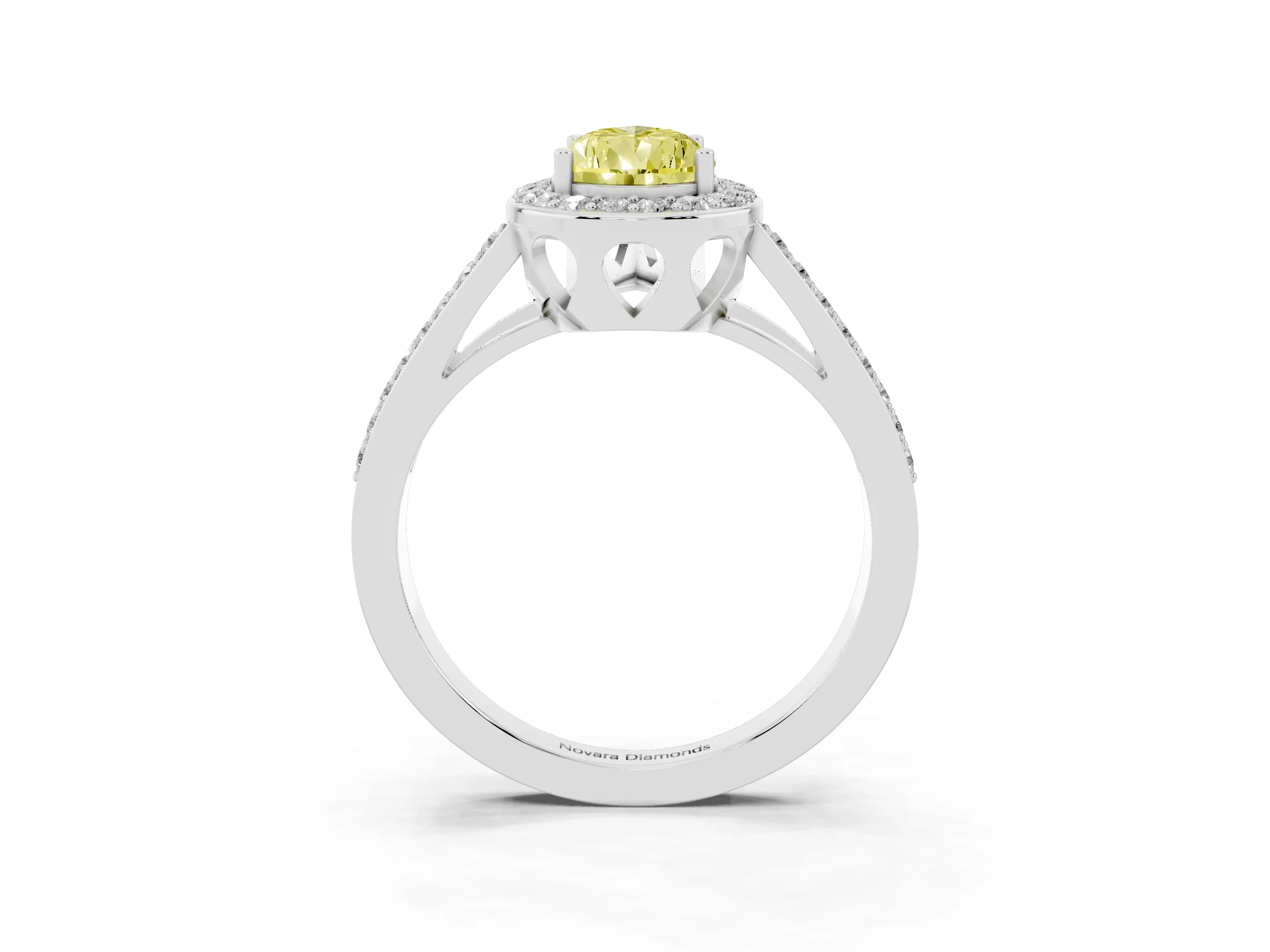 Fancy Yellow Pear Cut Diamond Halo Ring Set in Silver with U-Prong Split Shank and Prong Setting