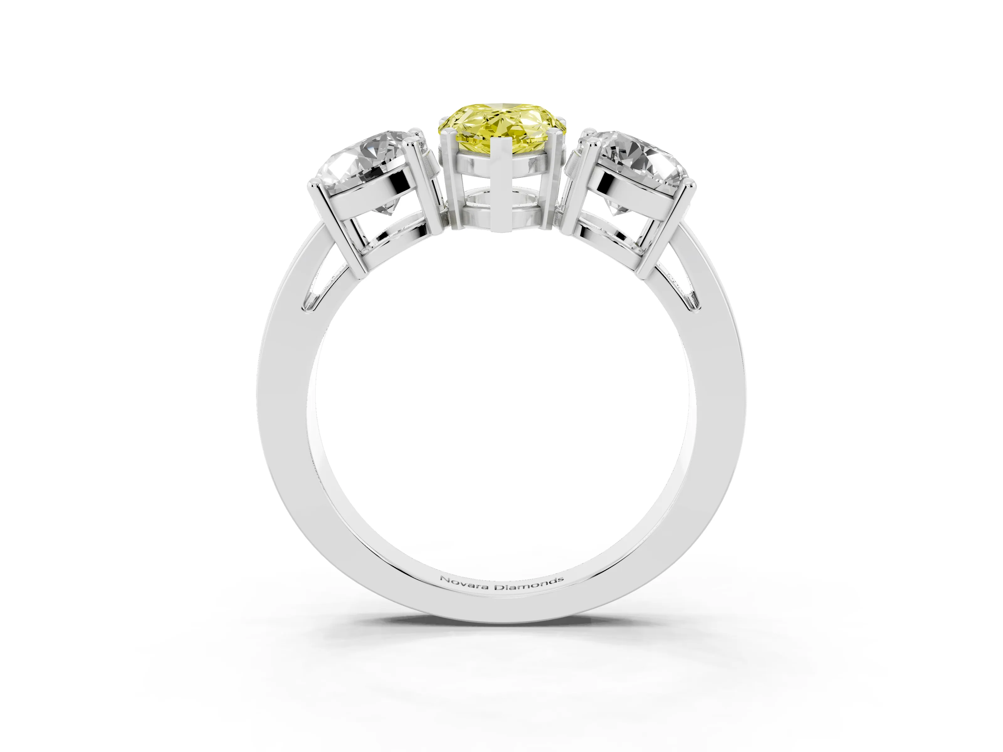 Fancy Yellow Pear Cut Diamond Three-Stone Ring Set in Platinum with Round Side Stones and Classic Band