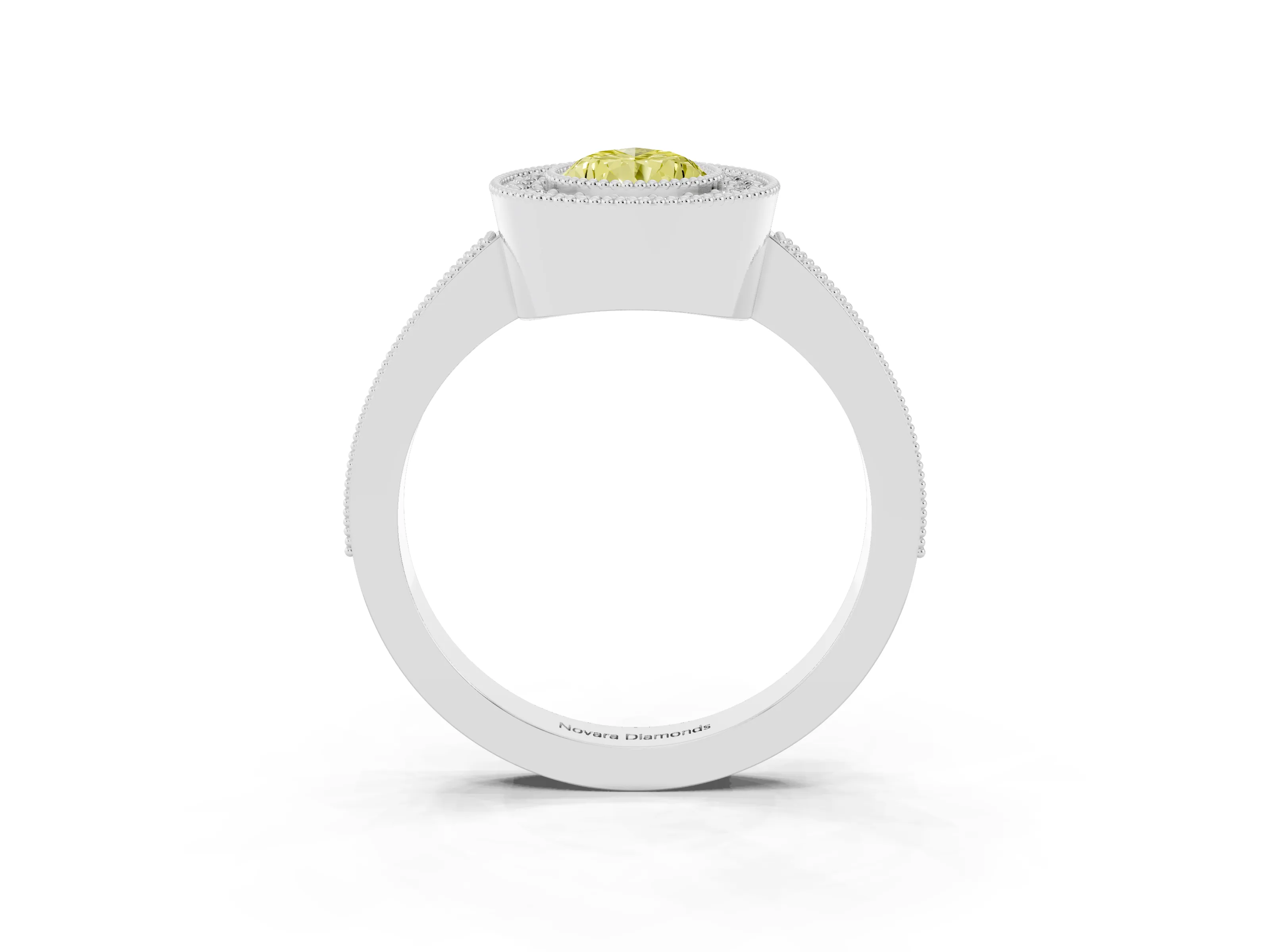 Fancy Yellow Pear Cut Diamond Halo Engagement Ring Set in White gold with Pavé Band and Round Halo Stones