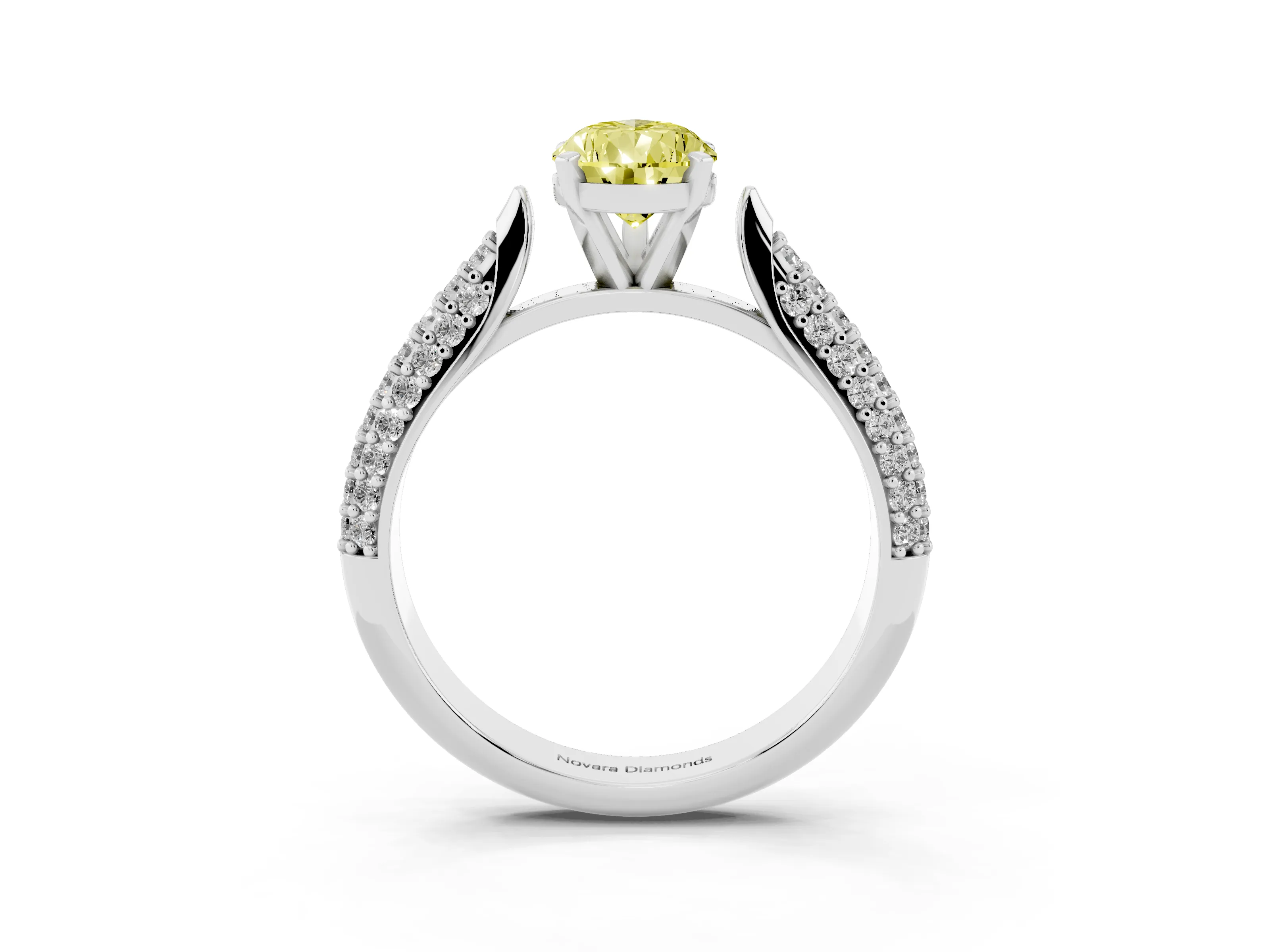 Fancy Yellow Pear Cut Diamond Solitaire Engagement Ring Set in White gold with Multi-Row Round Pavé Band and Prong Setting