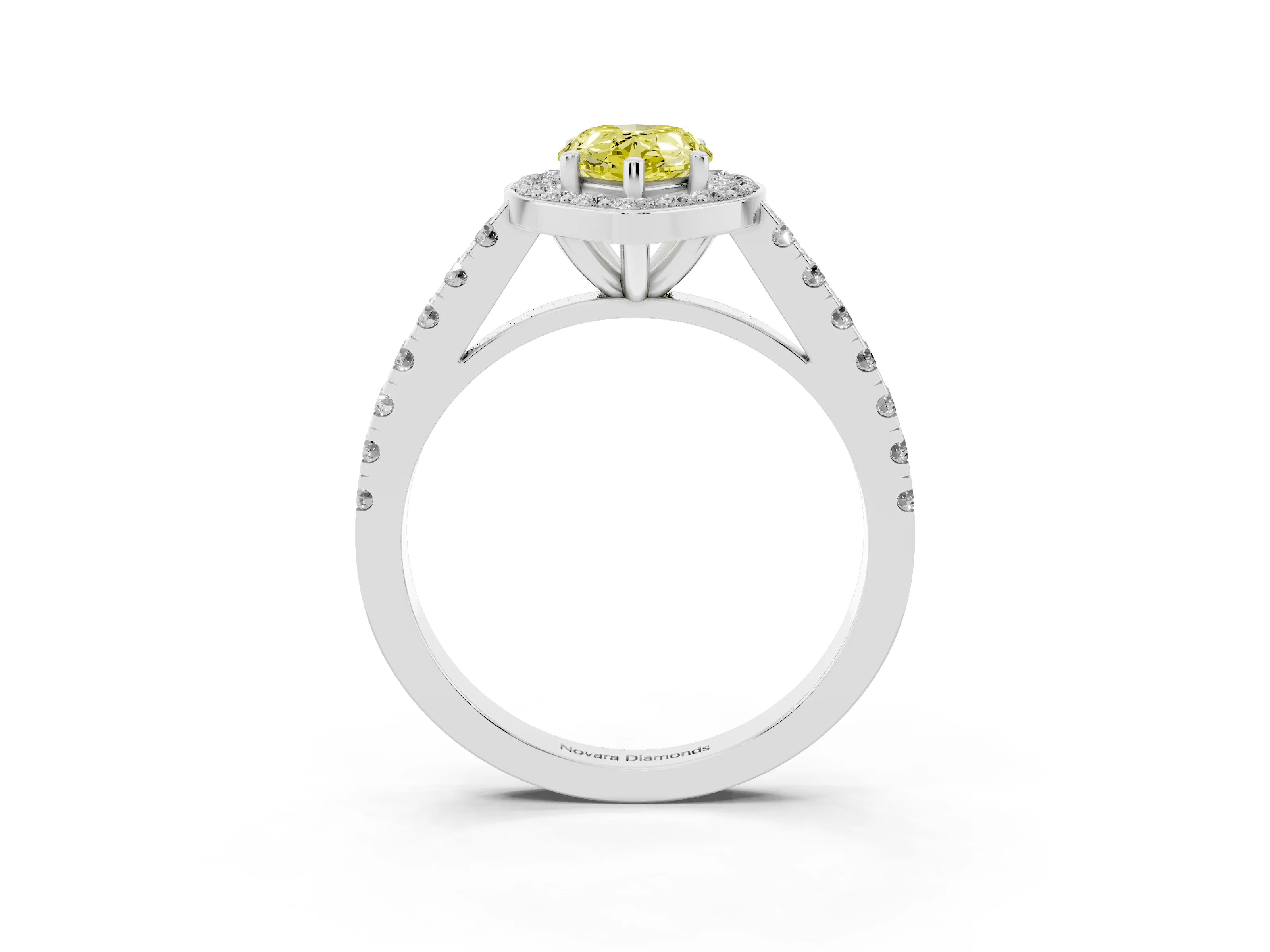 Fancy Yellow Pear Cut Diamond Halo Ring Set in Silver with Round Pavé Split Shank and Prong Setting