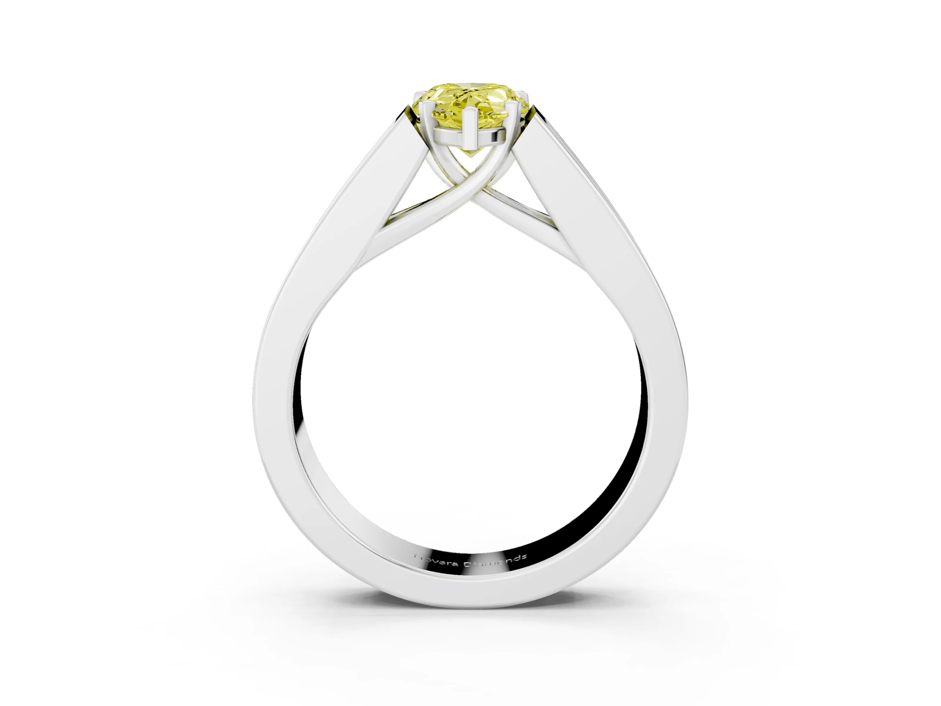 Fancy Yellow Pear Cut Diamond Solitaire Ring Set in White gold with Channel-Set Accent Stones and Prong Setting