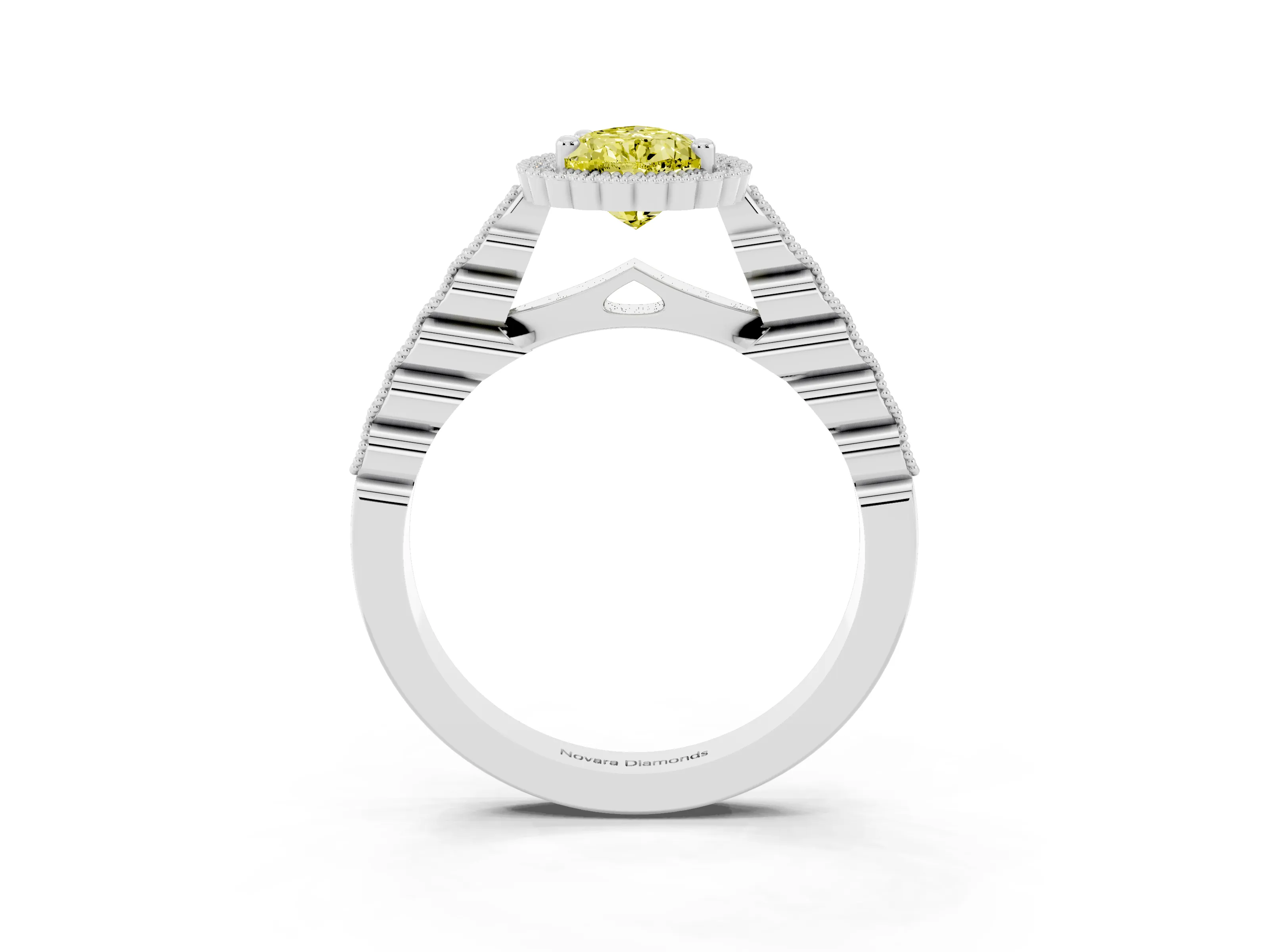 Fancy Yellow Pear Cut Diamond Halo Ring Set in Platinum with Pavé Milgrain Band