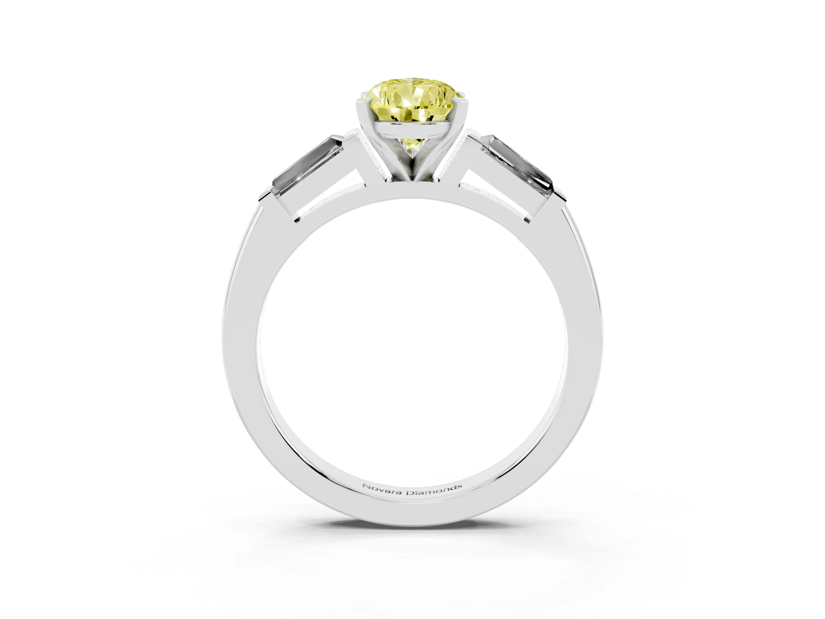 Fancy Yellow Pear Cut Diamond Solitaire Ring Set in White gold with Tapered Baguette Side Stones and Prong Setting