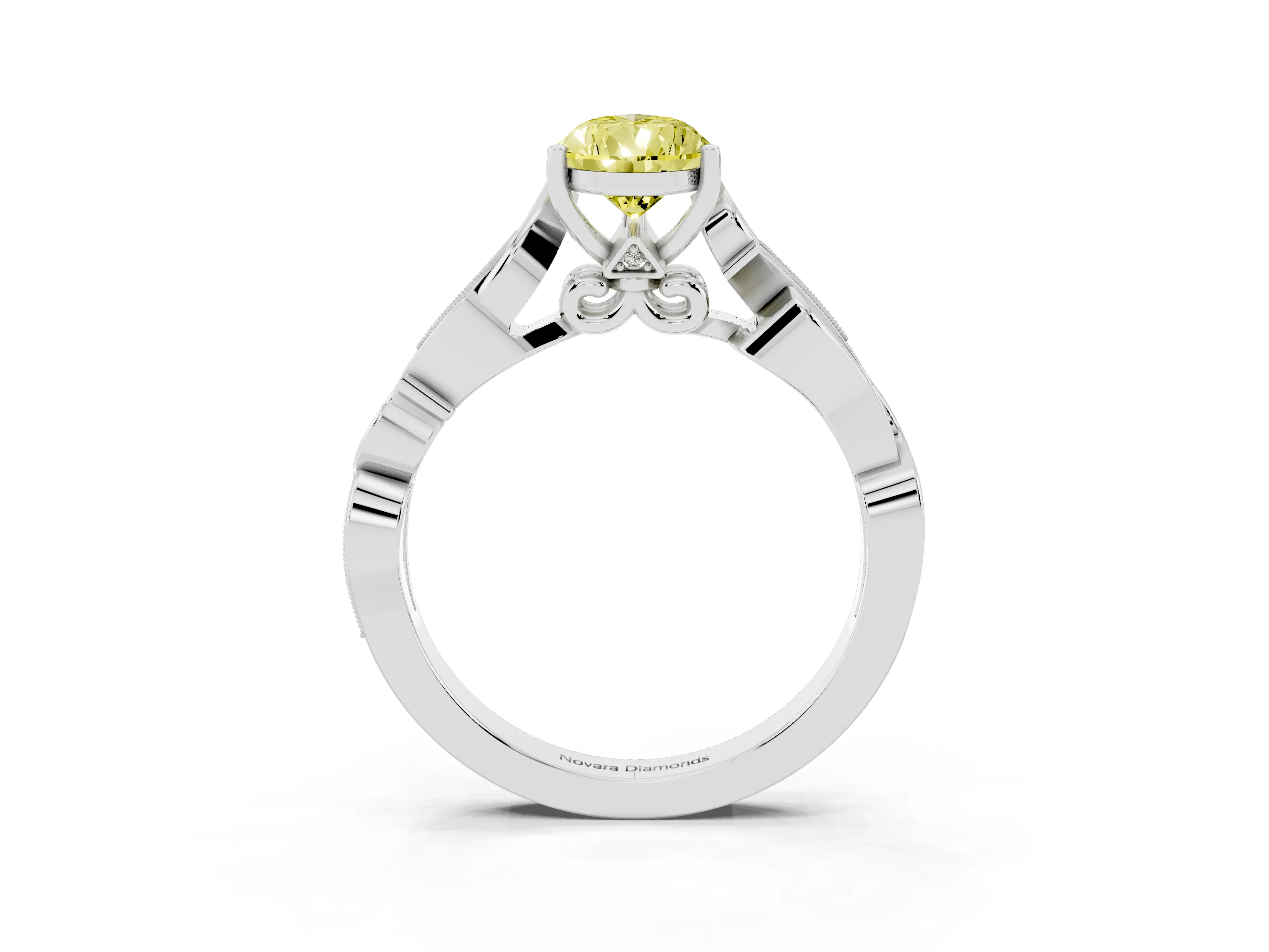 Fancy Yellow Pear Cut Diamond Vine Band Solitaire Ring Set in White gold with Milgrain Prong Setting