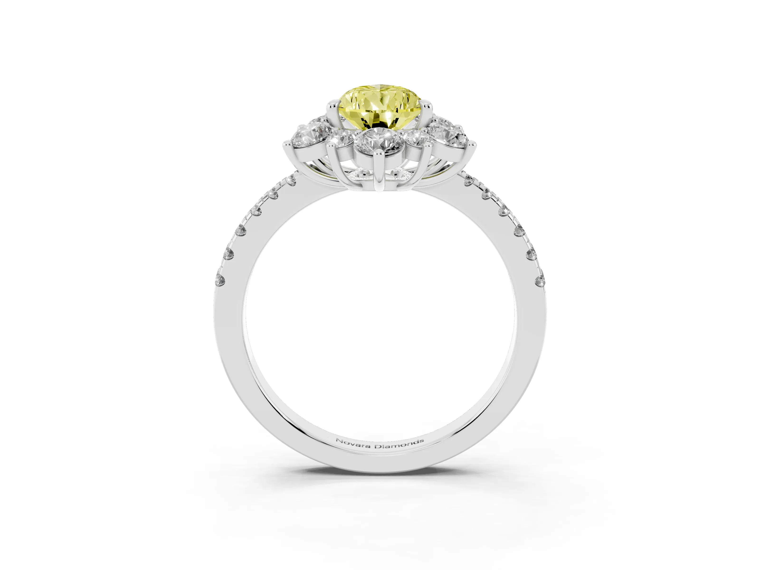 Fancy Yellow Pear Cut Diamond Floral Halo Ring Set in White gold with Round Pavé Band and Prong Setting