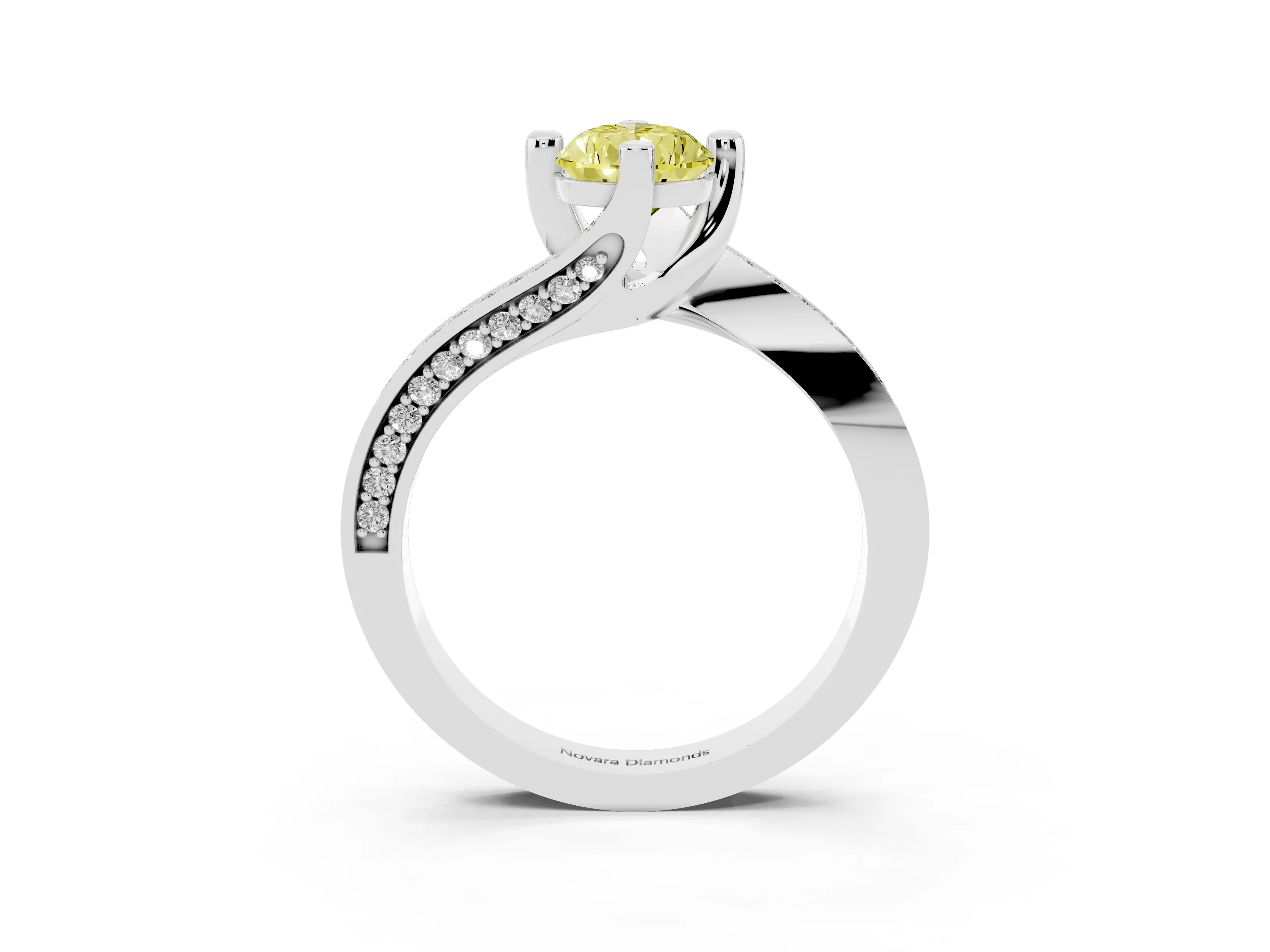 Fancy Yellow Pear Cut Diamond Solitaire Ring Set in White gold with Intertwined Pavé Twist Band