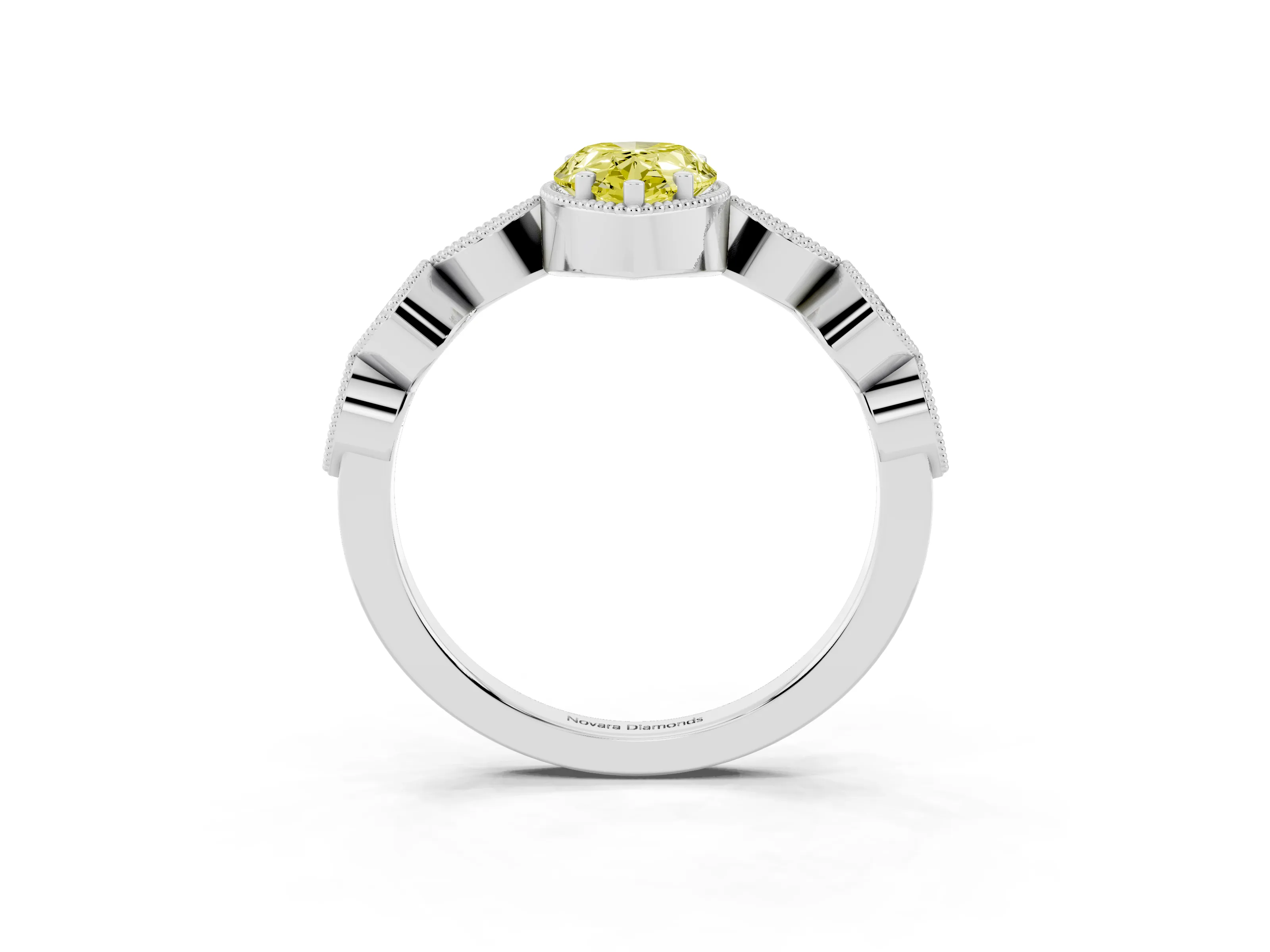 Fancy Yellow Pear Cut Diamond Vintage-Inspired Milgrain Ring Set in White gold with Marquise Stations of Round Accents