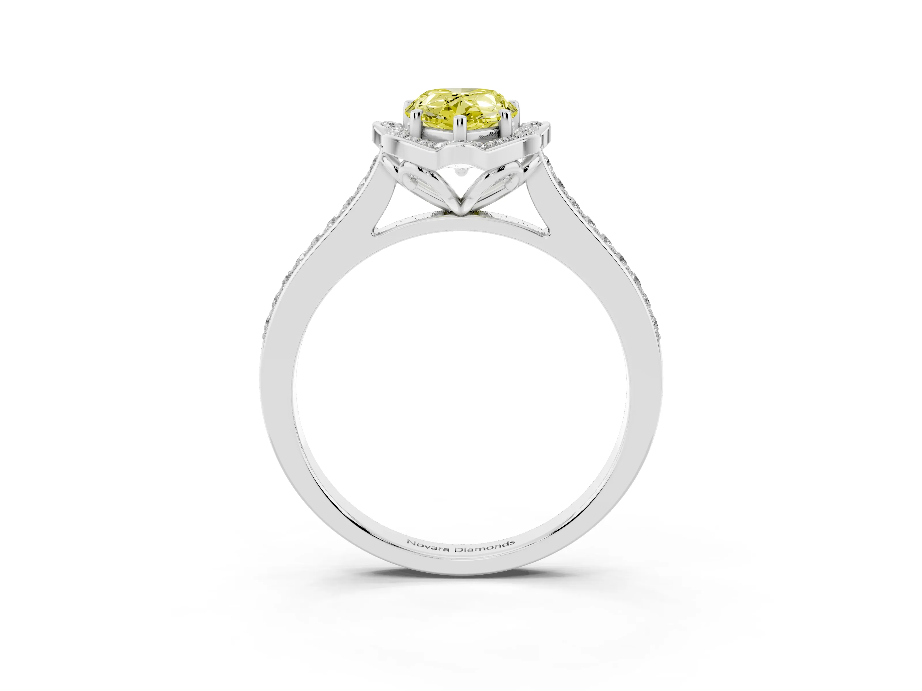 Fancy Yellow Pear Cut Diamond Halo Ring Set in White gold with Pavé-Lined Shoulders and Prong Setting