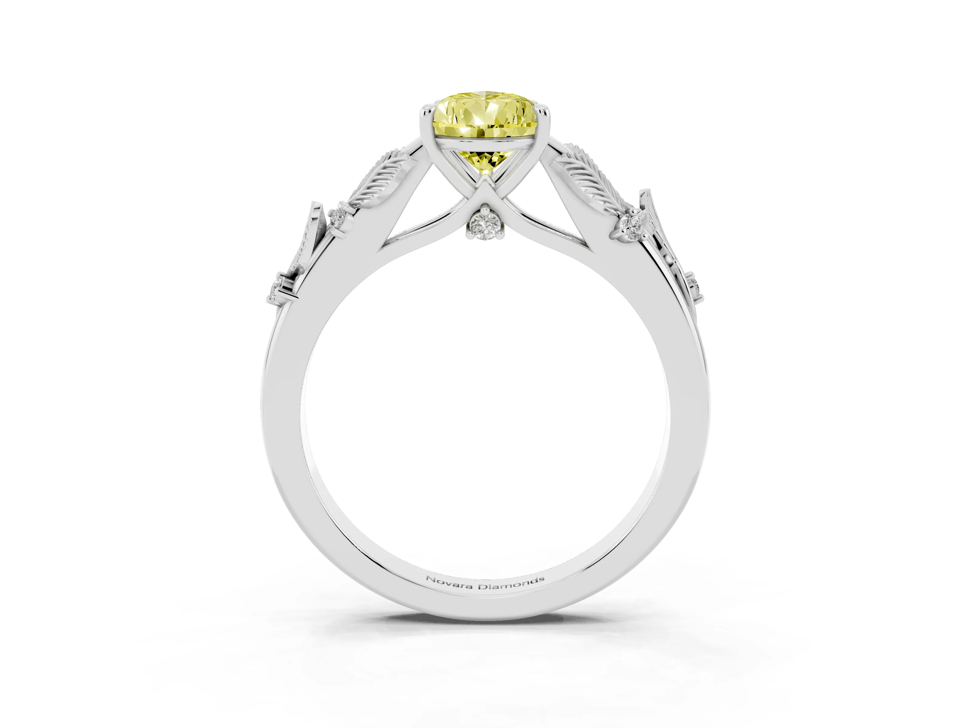 Fancy Yellow Pear Cut Diamond Solitaire Ring Set in Silver with Leaf Motif Band