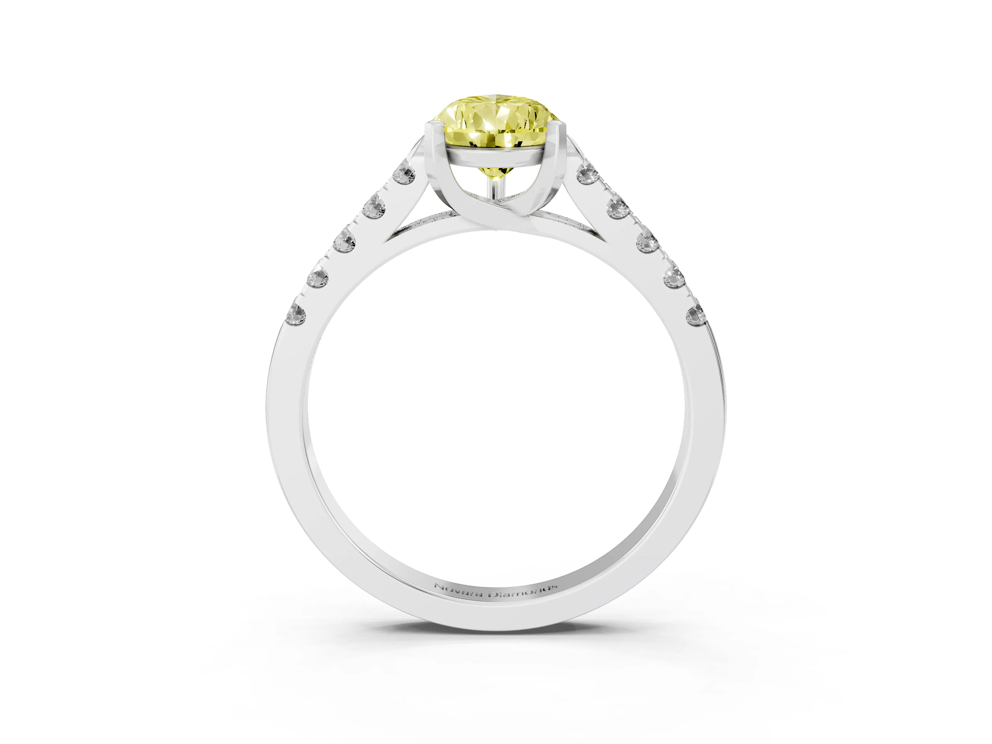 Fancy Yellow Pear Cut Diamond Pavé Band Solitaire Ring Set in White gold with Partway Accent Stones and Prong Setting