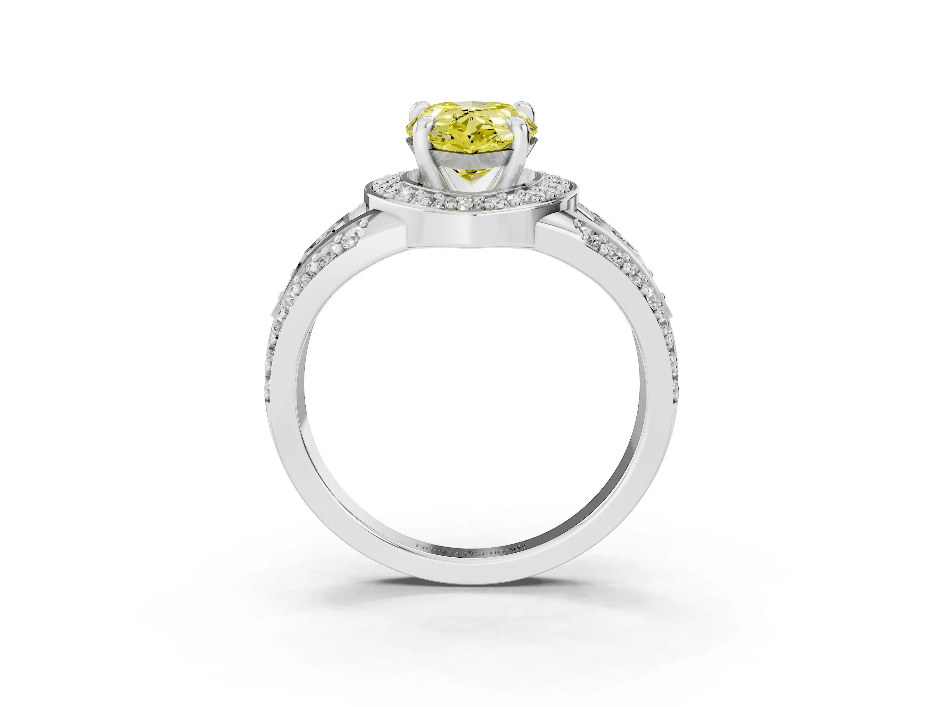 Fancy Yellow Pear Cut Diamond Halo Ring Set in Silver with Pavé Split Shank and Bezel Accents