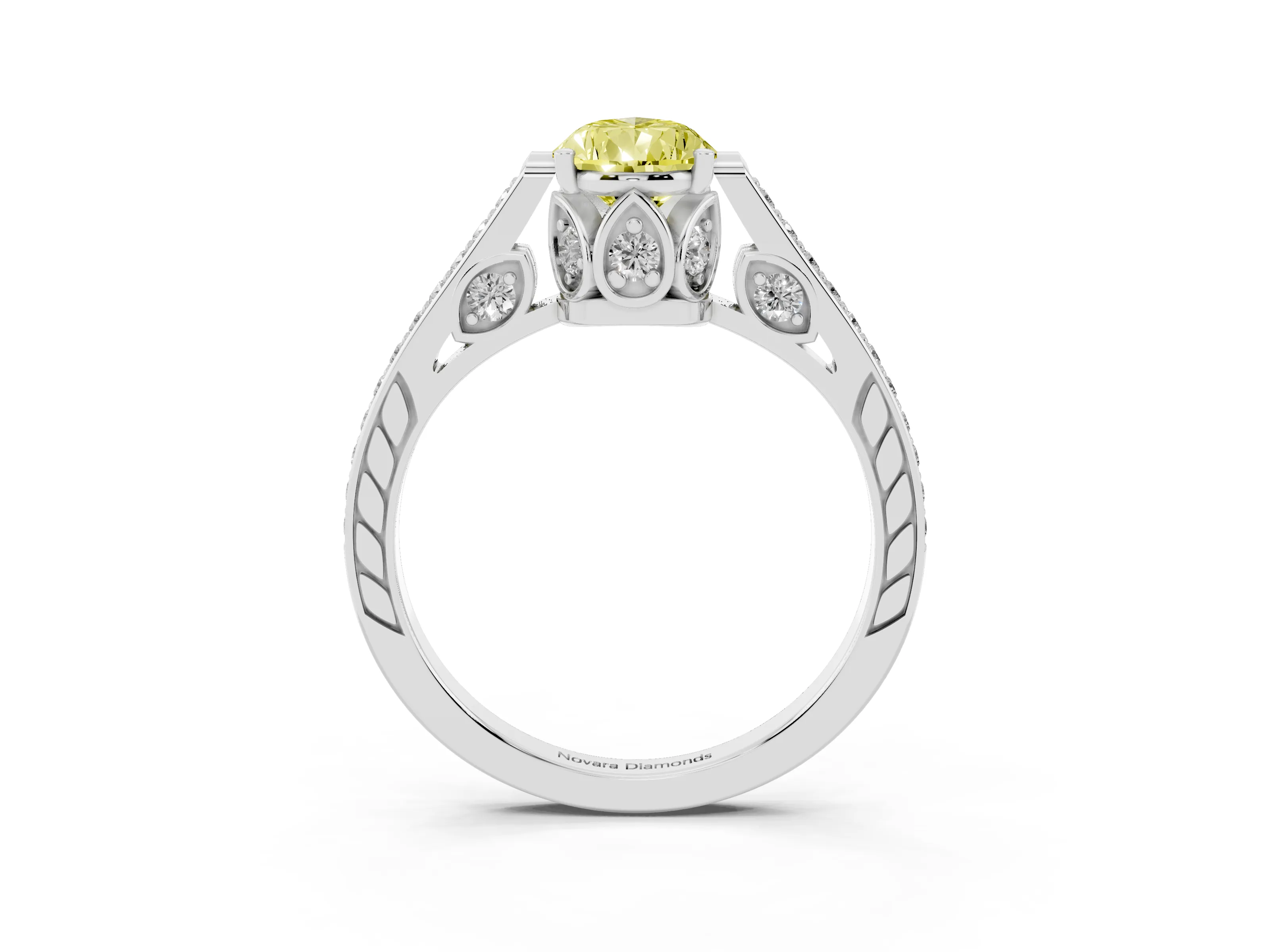 Fancy Yellow Pear Cut Diamond Cathedral Pavé Engagement Ring Set in White gold with Prong Setting