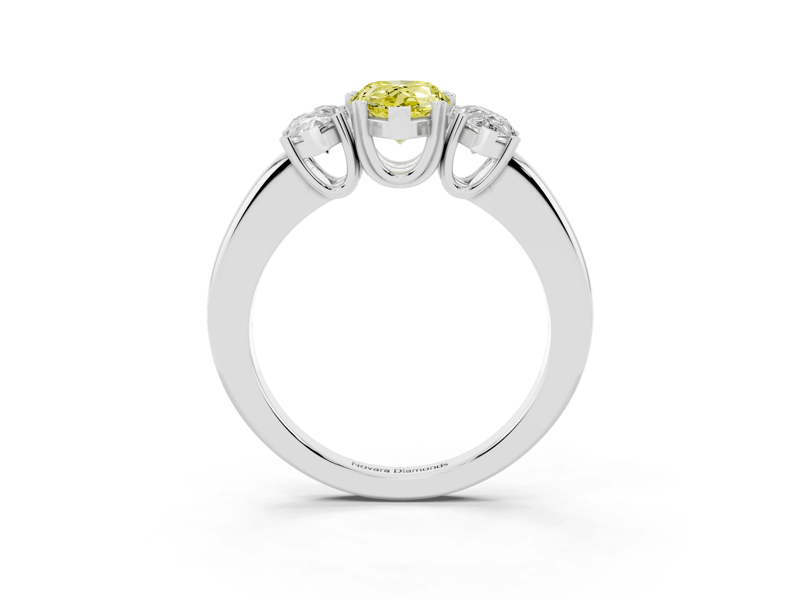 Fancy Yellow Pear Cut Diamond Three-Stone Ring Set in White gold with Polished Channel-Set Band