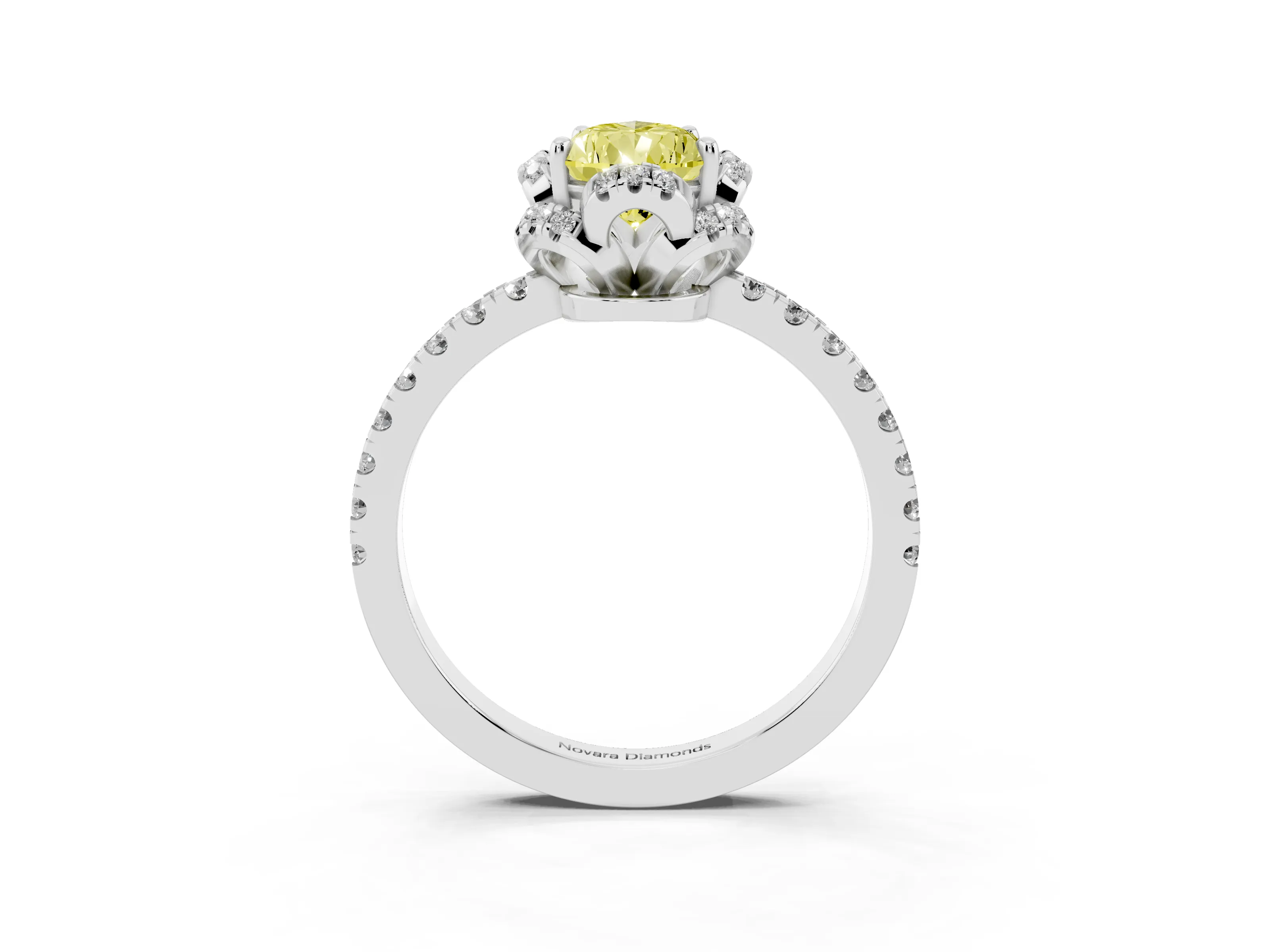 Fancy Yellow Pear Cut Diamond Halo Pavé Band Ring Set in Platinum with Prong-Held Center