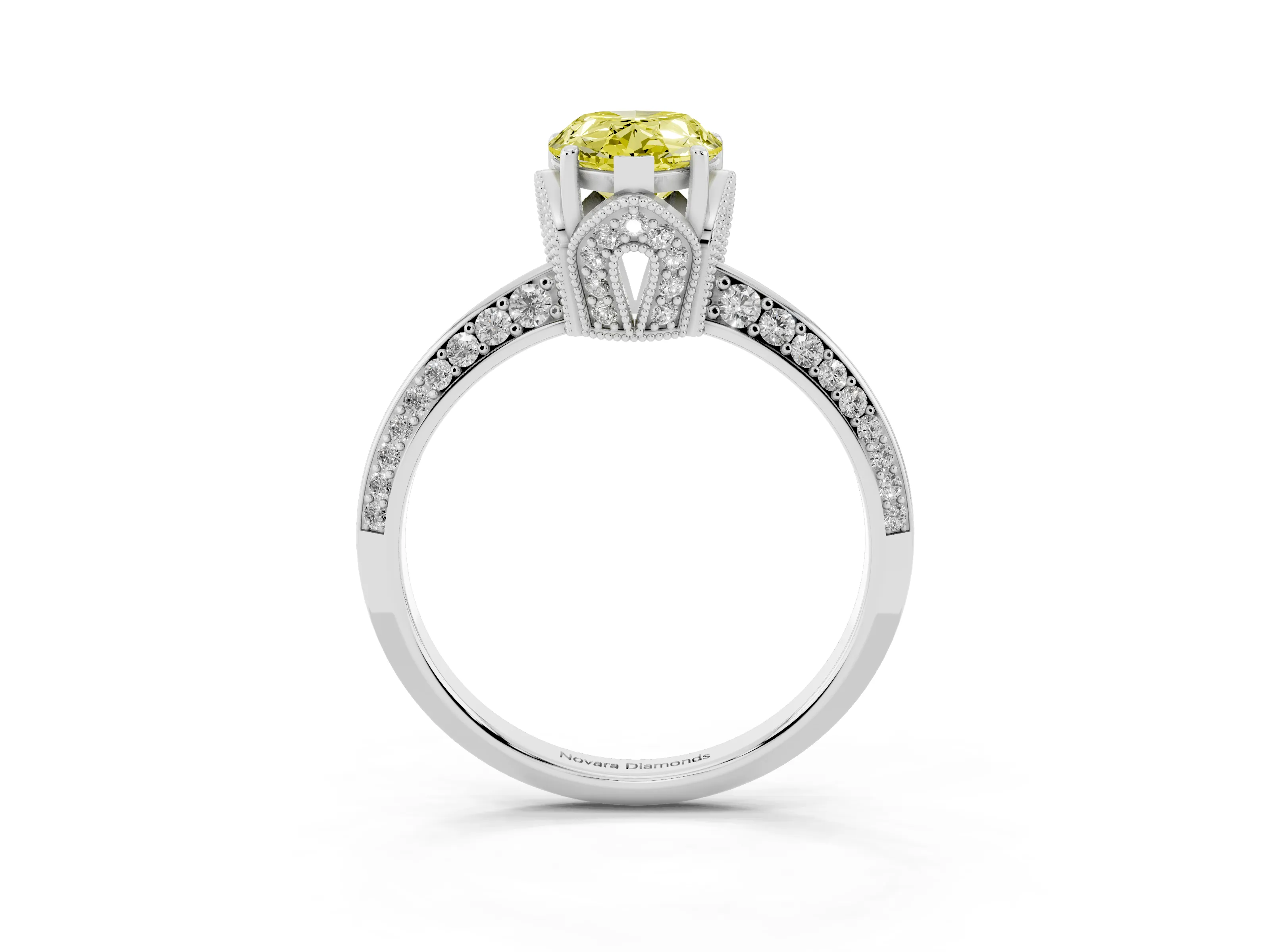 Fancy Yellow Pear Cut Diamond Solitaire Engagement Ring Set in Silver with Pavé Split Shank and Prong Setting