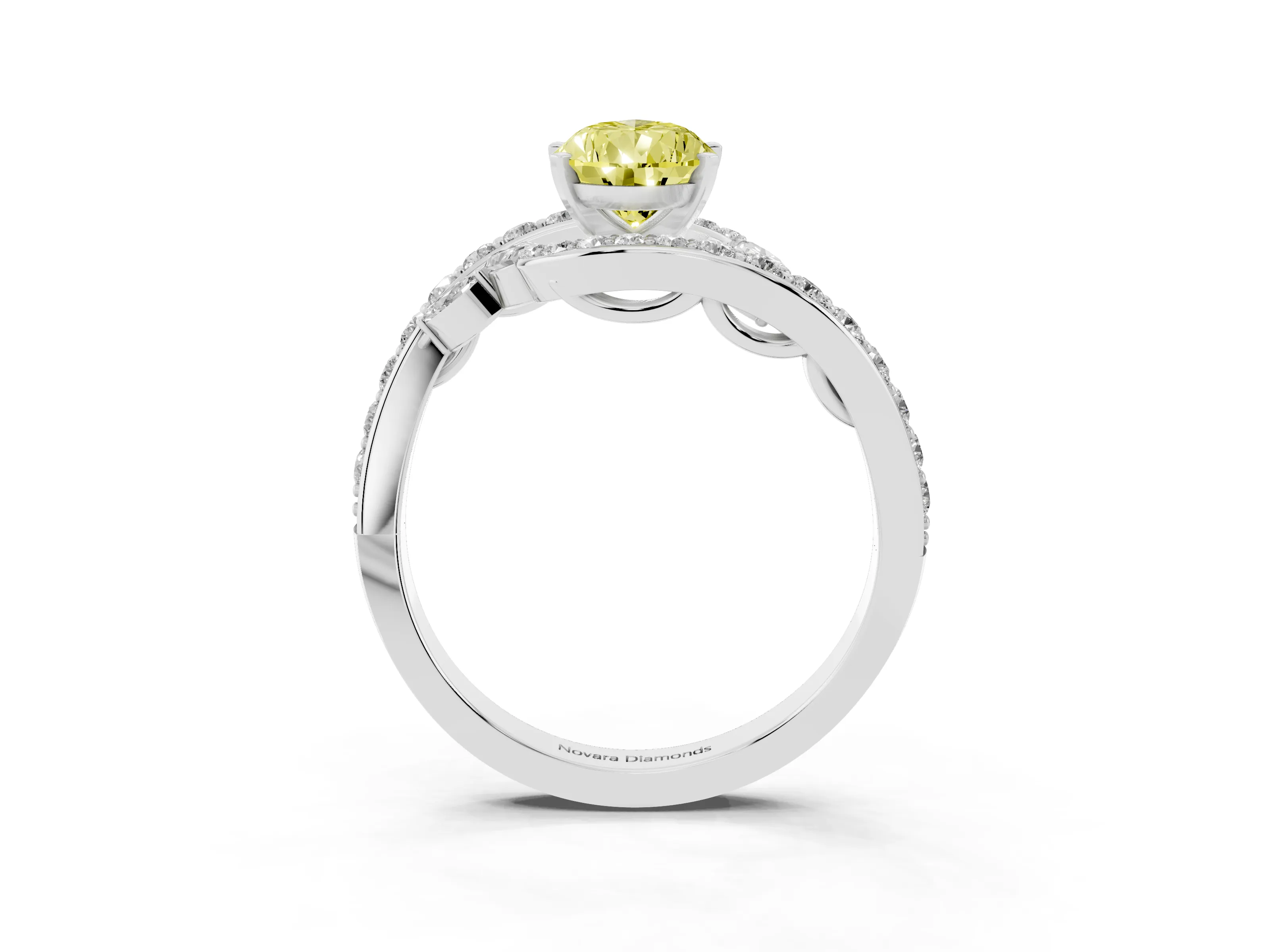 Fancy Yellow Pear Cut Diamond Solitaire Ring Set in White gold with Pavé Twist Band and Secure Prong Setting