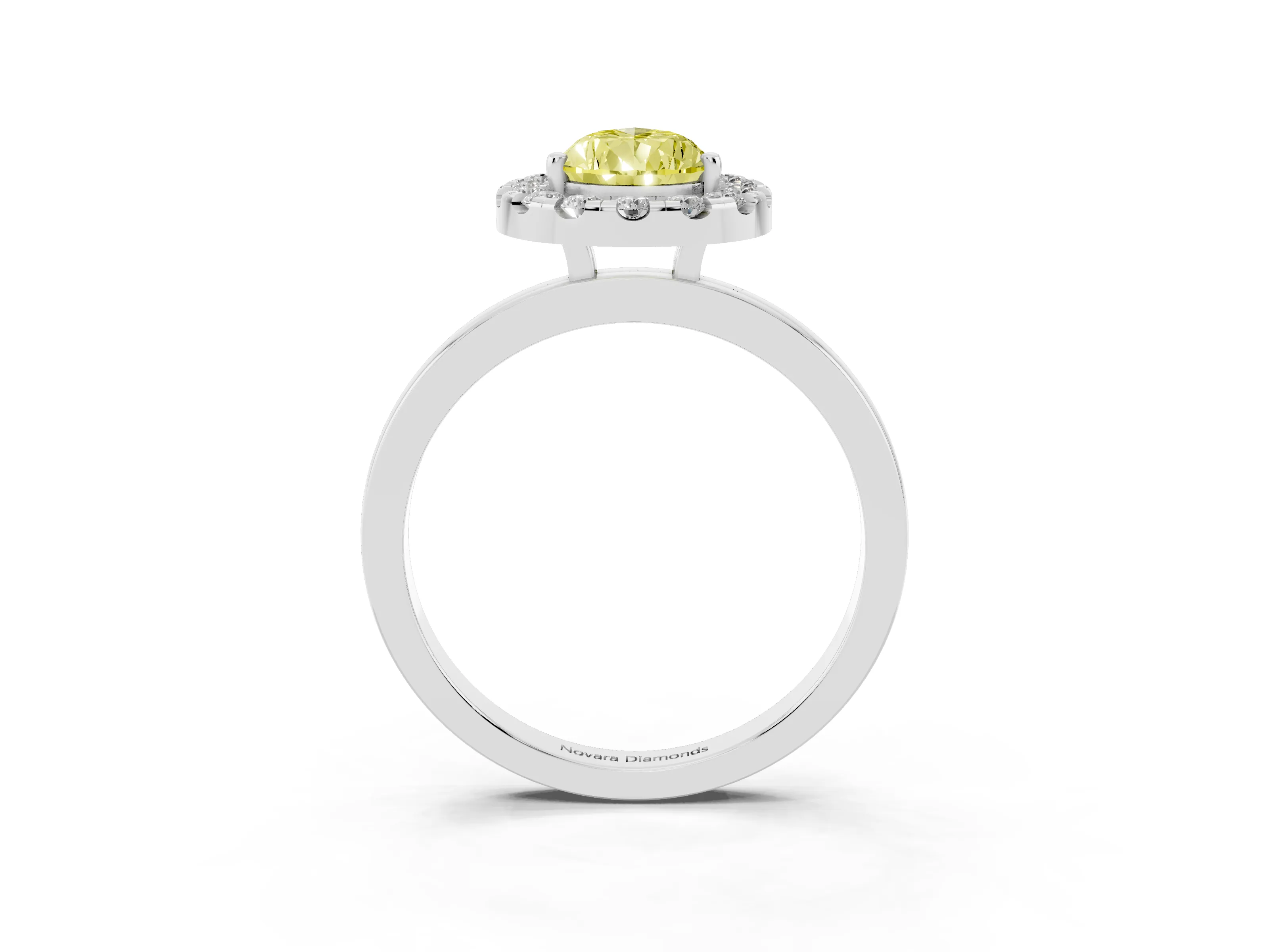 Fancy Yellow Pear Cut Diamond Halo Solitaire Ring Set in White gold with Pavé Band and Prong Setting