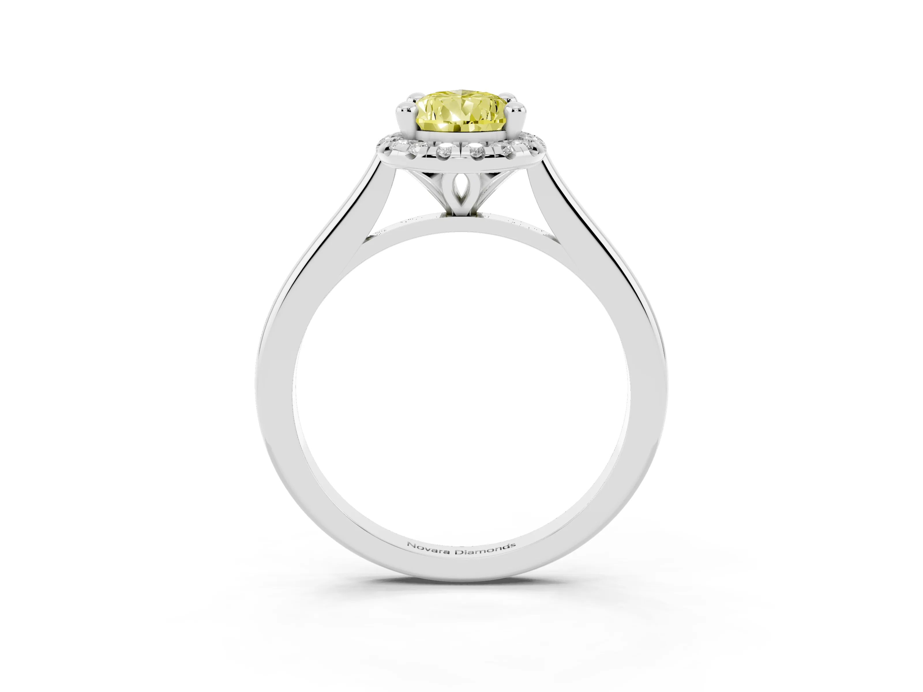 Fancy Yellow Pear Cut Diamond Halo Engagement Ring Set in White gold with Pavé Band and Rising Shoulders