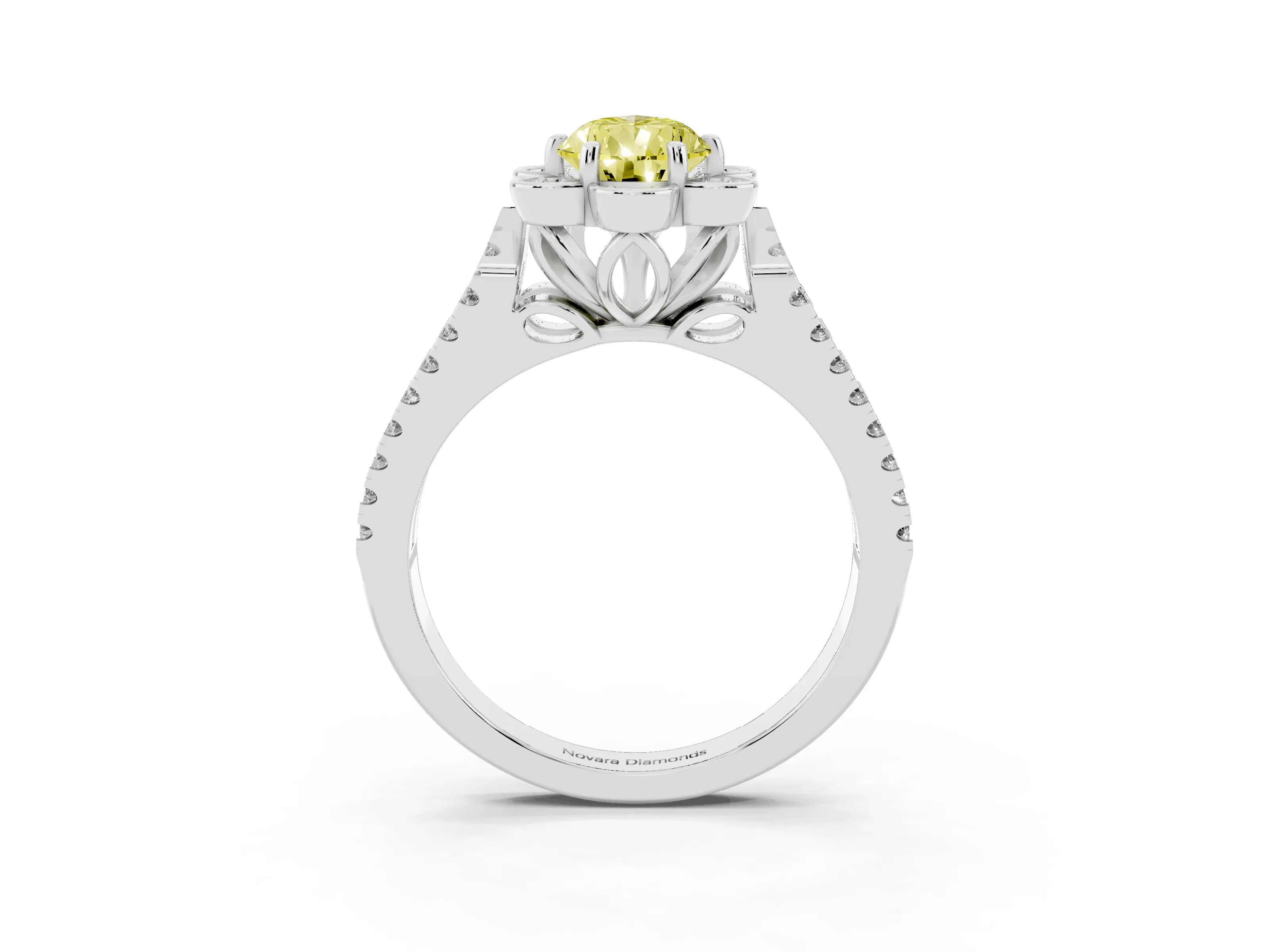 Fancy Yellow Pear Cut Diamond Floral Halo Split Shank Engagement Ring Set in White gold with Pavé Shank