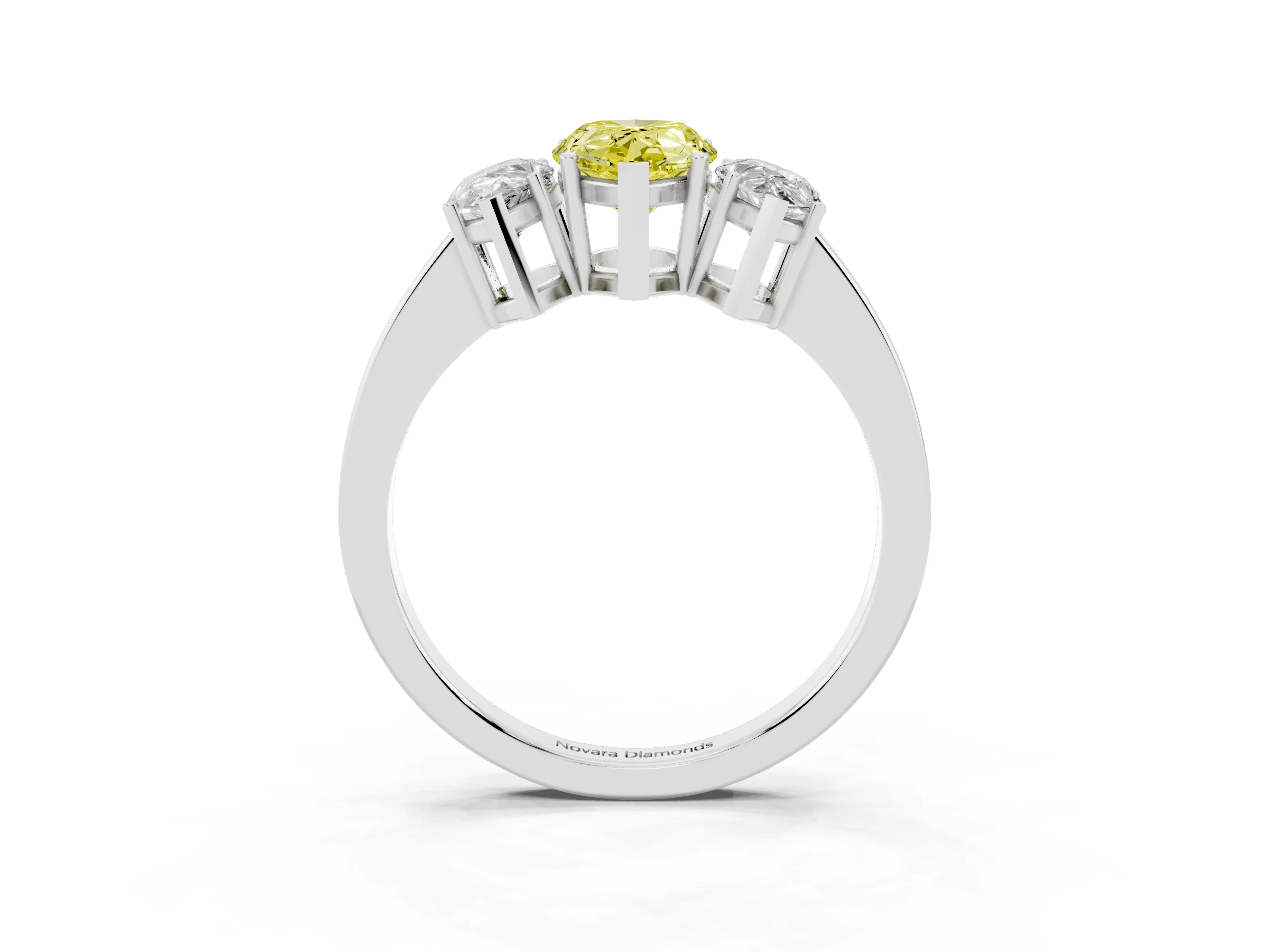 Fancy Yellow Pear Cut Diamond Three-Stone Engagement Ring Set in White gold with Flat Band