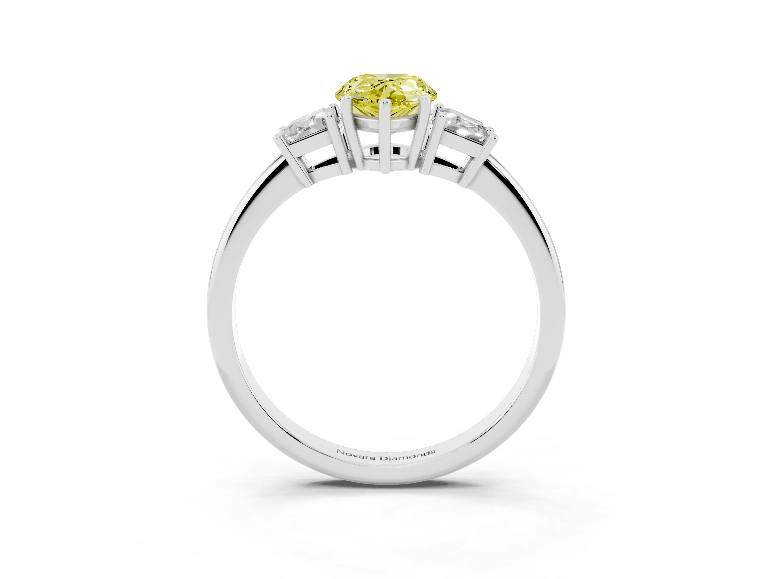 Fancy Yellow Pear Cut Diamond Three-Stone Ring Set in White gold with Trapezoid Side Stones and Prong Setting