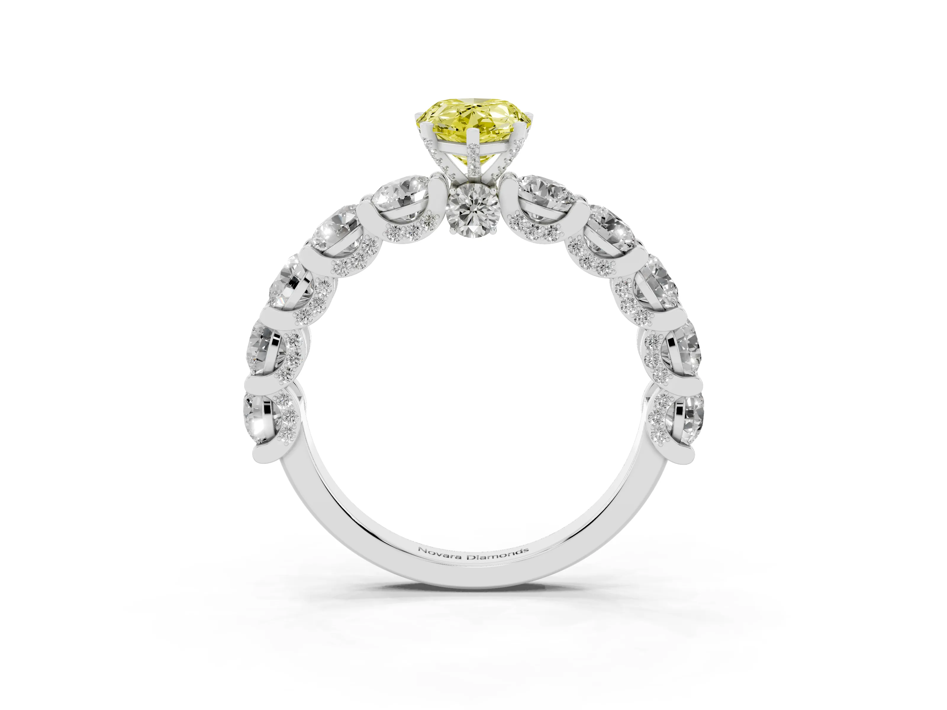 Fancy Yellow Pear Cut Diamond Side Stone Ring Set in Platinum with Alternating Round and Oval Side Stones