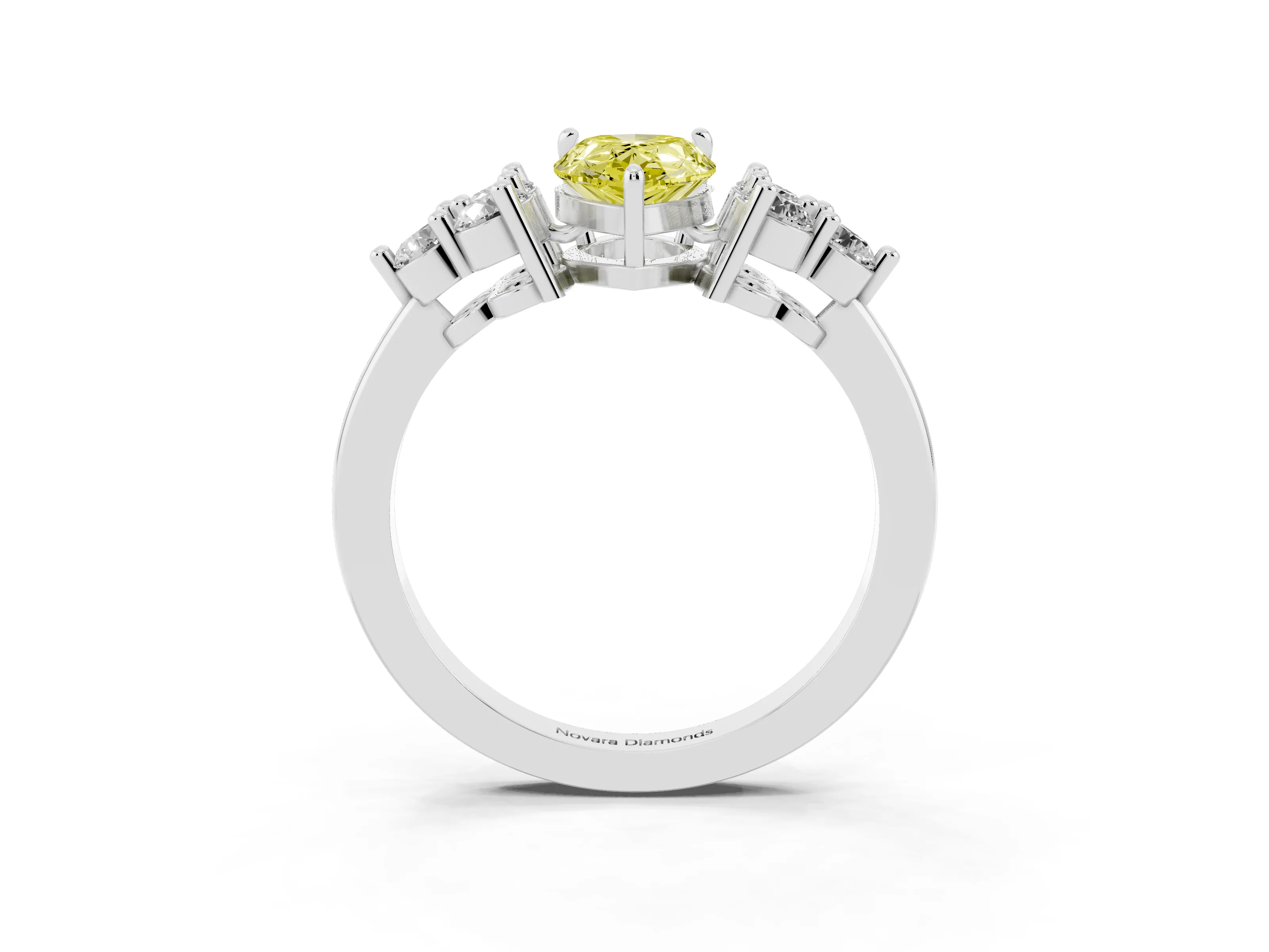 Fancy Yellow Pear Cut Diamond Solitaire Ring Set in Silver with Cluster Accents on Each Side